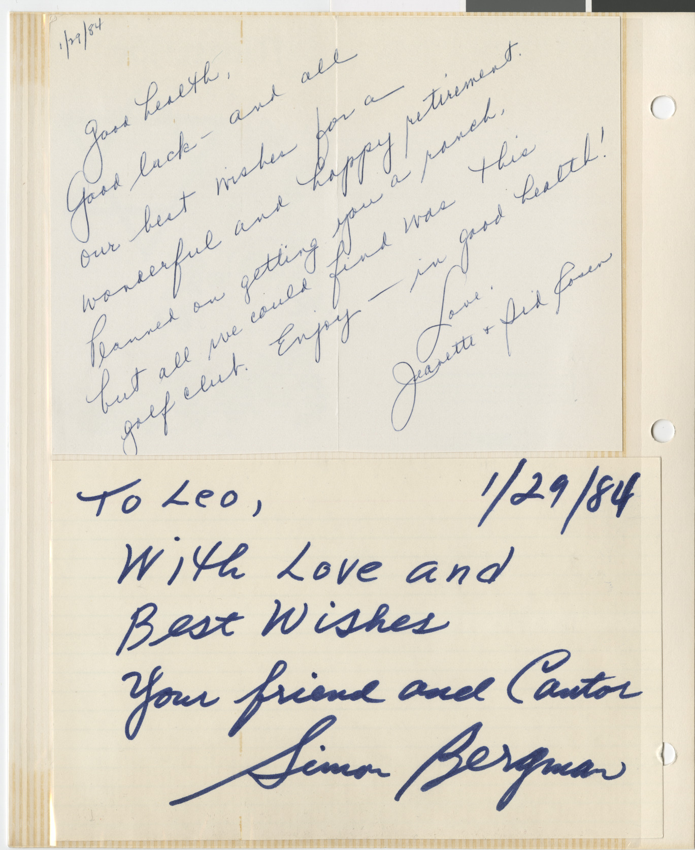 Notes from Jeanette and Sid Rosen, and Simon Bergman, 1984