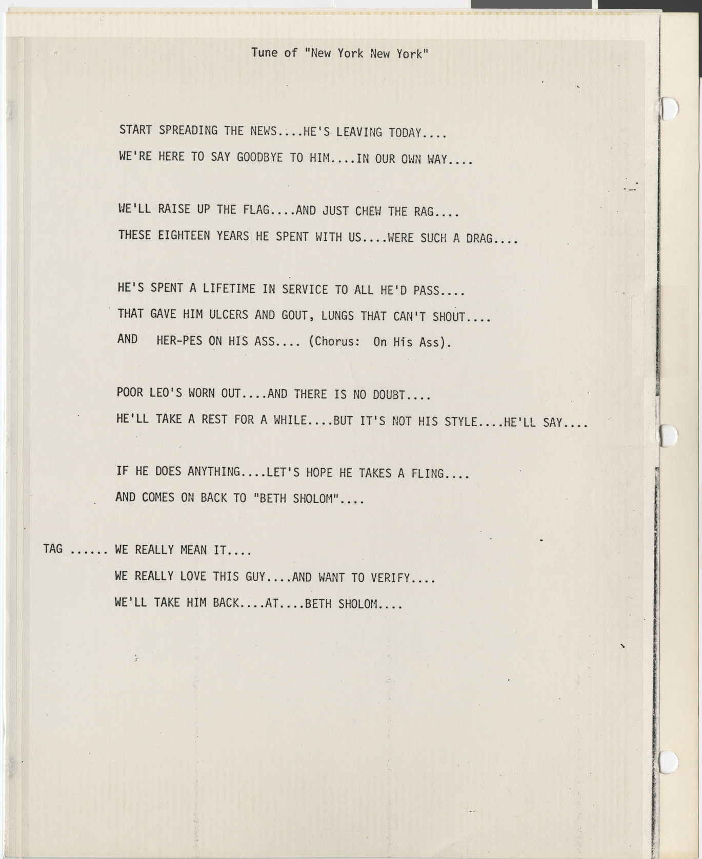 Lyrics written for Leo Wilner's retirement