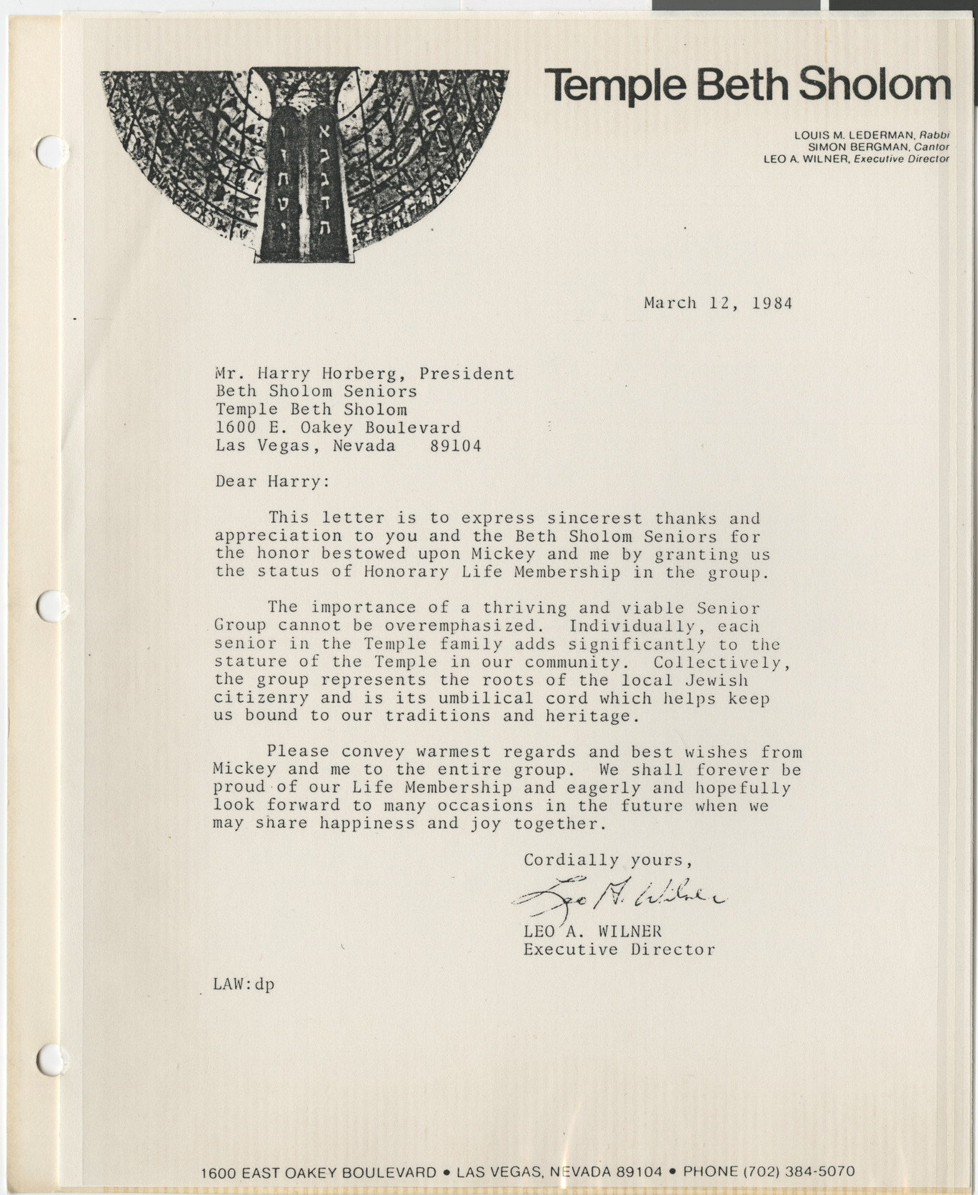 Letter from Leo Wilner to Harry Horberg, March 12, 1984