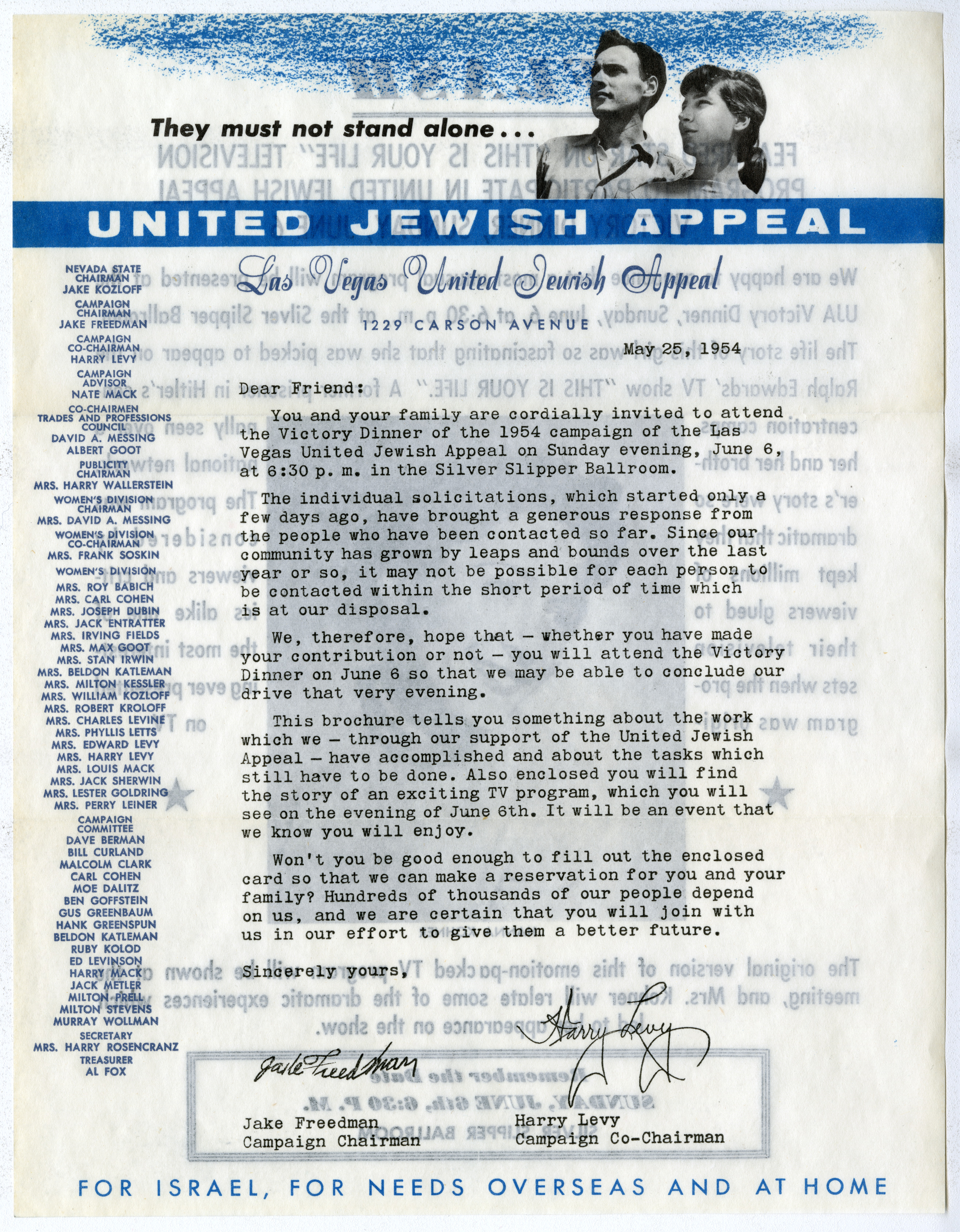 United Jewish Appeal Victory Dinner Invitation, May 25, 1954 (front)