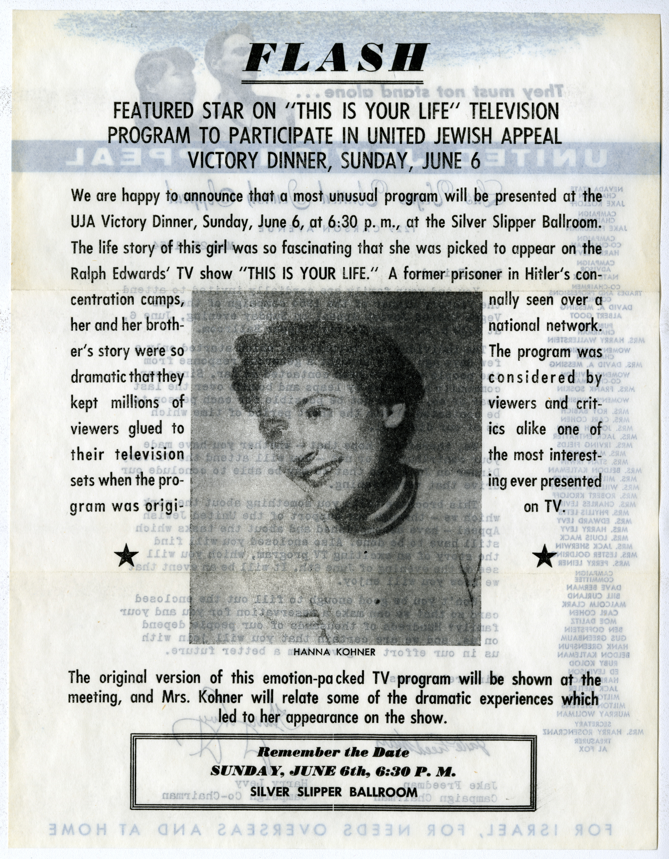 United Jewish Appeal Victory Dinner Invitation, May 25, 1954 (back)