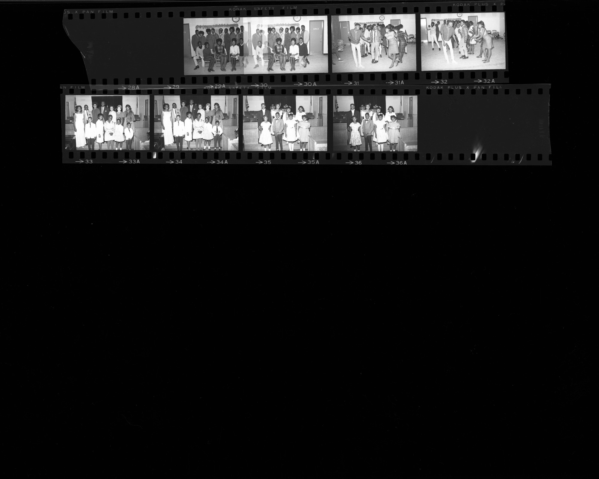 Set of negatives by Clinton Wright including beautification planners at Jo Mackey, recreation meeting at Doolittle's, Clay-Patterson fight fans, Fashionettes at Doolittle, and Sykes Recital at Zion, 1965, page 2