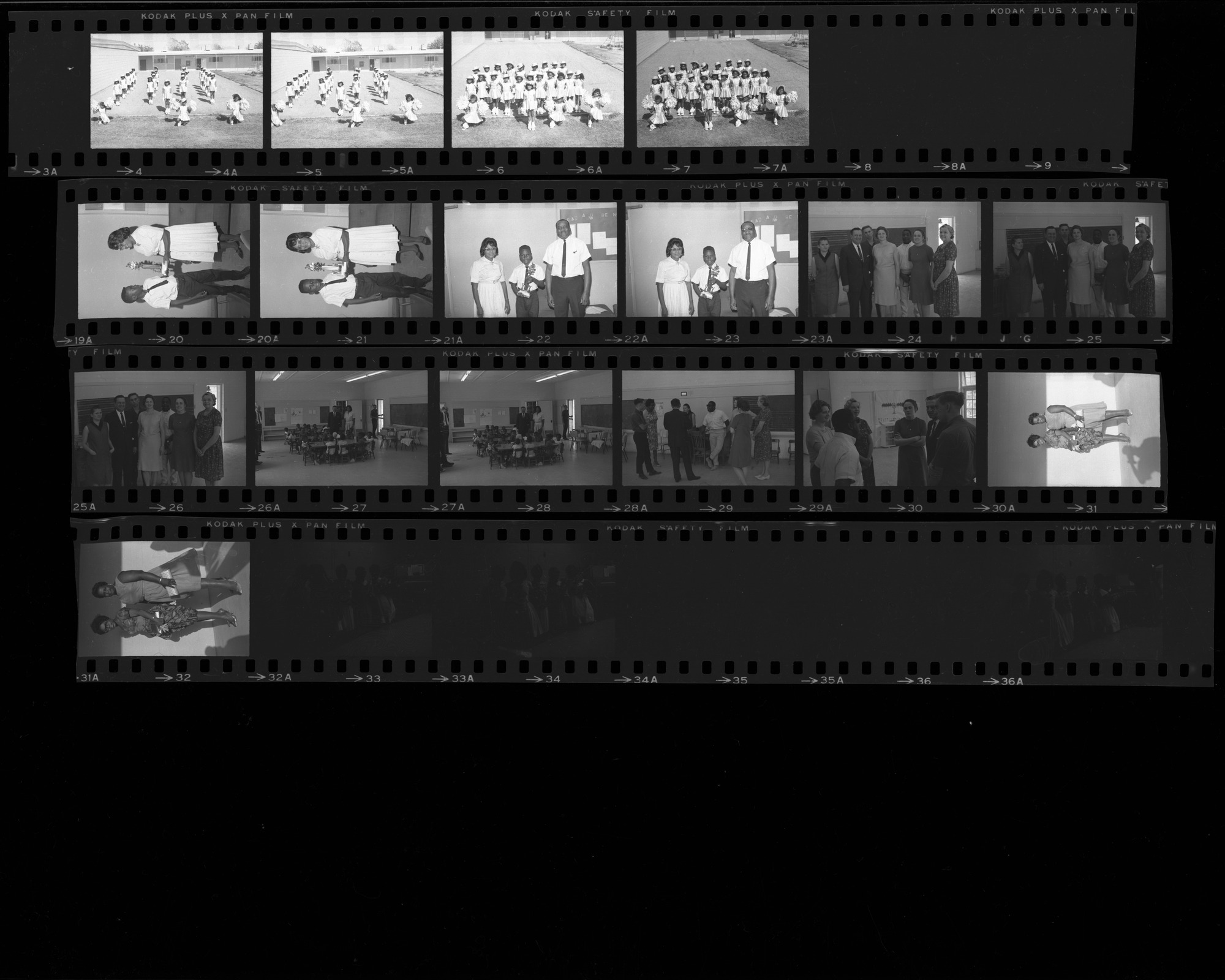 Set of negatives by Clinton Wright including groundbreaking for Teen Center, Zion Missionaries program, Mrs. Gay, Kappas and high school students, drill team, bicycle champion at Kit Carson, Senator Cannon at child care, and adult class, 1965, page 3