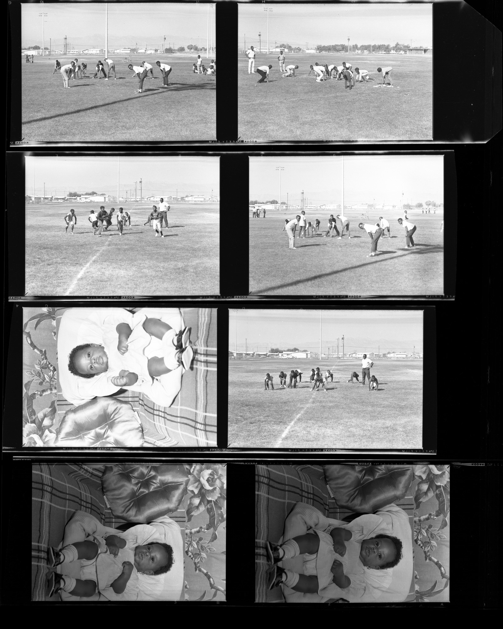 Set of negatives by Clinton Wright including Mrs. Gibbs' baby, children at 1708 Highland, Voice Party, play school at Doolittle, Minnie Wilkins painting, and football practice, 1965, page 1