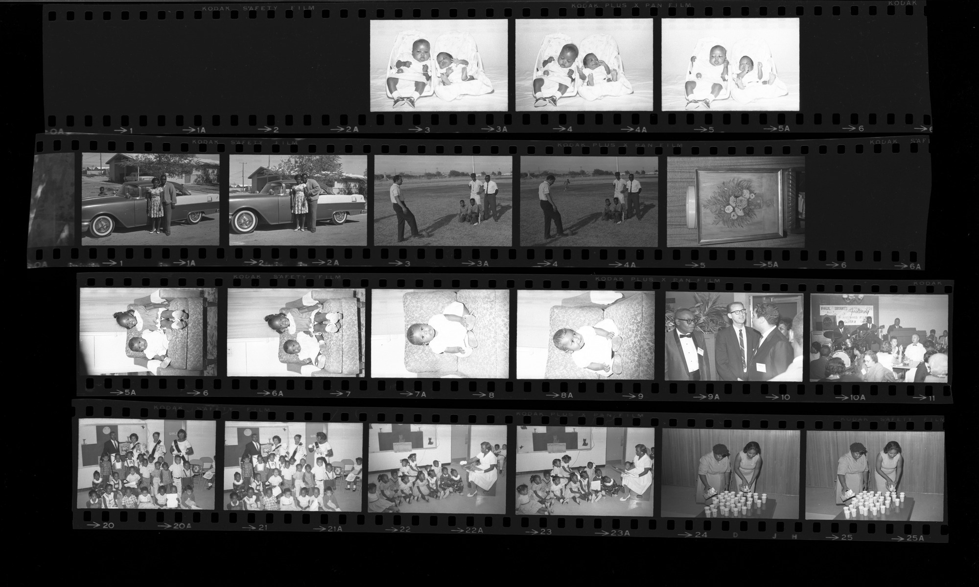 Set of negatives by Clinton Wright including Mrs. Gibbs' baby, children at 1708 Highland, Voice Party, play school at Doolittle, Minnie Wilkins painting, and football practice, 1965, page 2