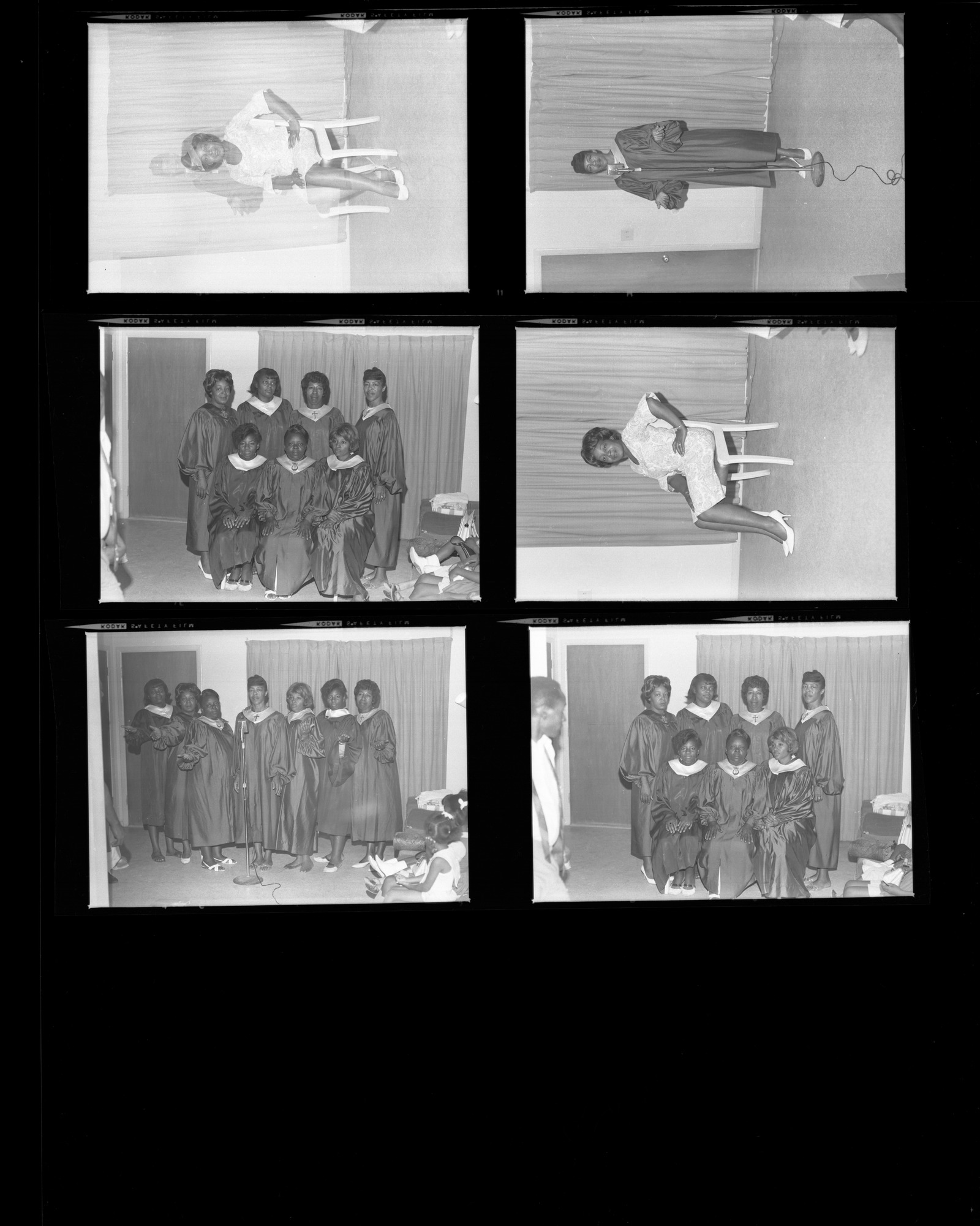 Set of negatives by Clinton Wright including Mintonette Singers, voter registrants, Golden Western advertisement, Mrs. Barnell and Fish, Doolittle Recreation Center, and archery class, 1966, page 1