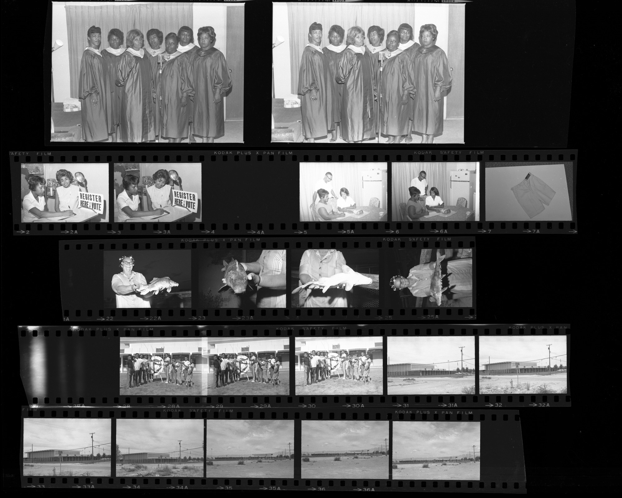 Set of negatives by Clinton Wright including Mintonette Singers, voter registrants, Golden Western advertisement, Mrs. Barnell and Fish, Doolittle Recreation Center, and archery class, 1966, page 2