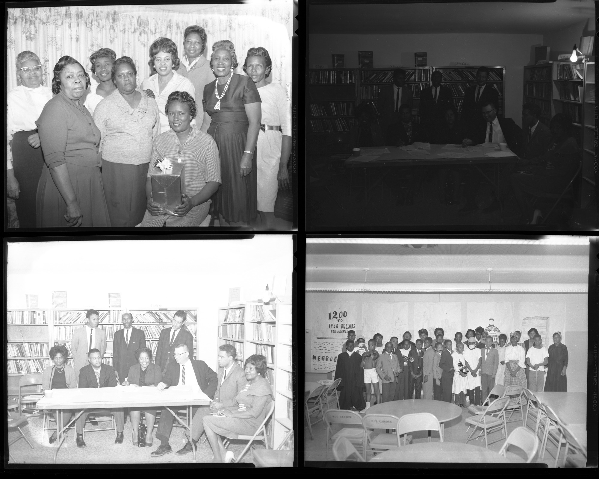 Set of negatives by Clinton Wright including Womens' Progressive club, Negro History Week at Kit Karson, Operation Independence, Samatha Garden and children, Mr. Carter, and Mrs. White at Matt Kelley, 1966, page 1