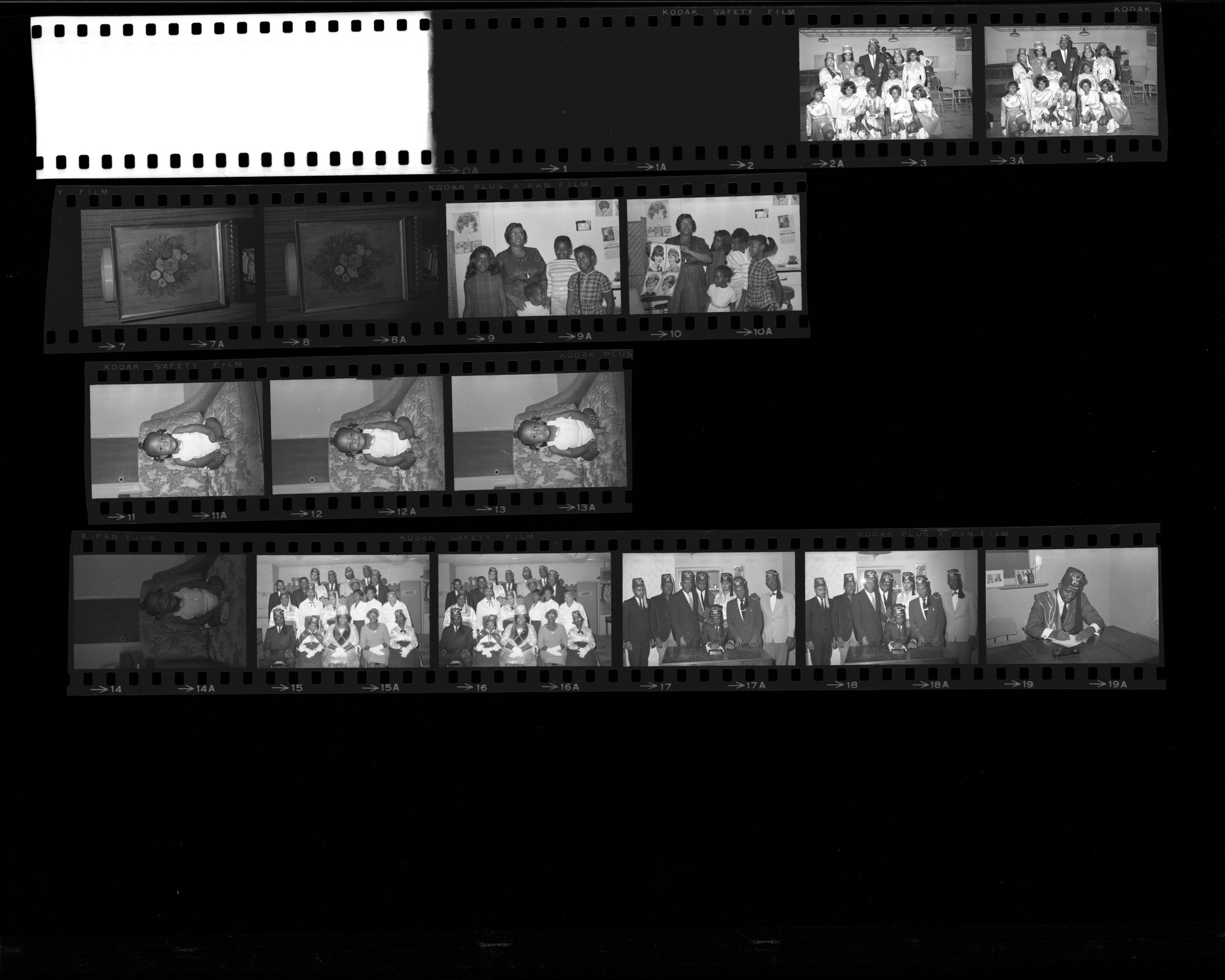 Set of negatives by Clinton Wright including Doris Tina Bond's baby, Happy Times Girls at Ellen's, Minnie Wilkins painting, Shrines Conclave, Lonnie Lawson Sam, and Wild Goose advertisement, 1966, page 1