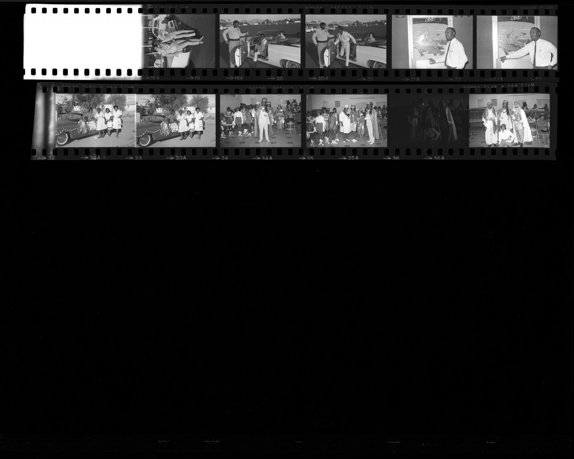Set of negatives by Clinton Wright including Doris Tina Bond's baby, Happy Times Girls at Ellen's, Minnie Wilkins painting, Shrines Conclave, Lonnie Lawson Sam, and Wild Goose advertisement, 1966, page 2