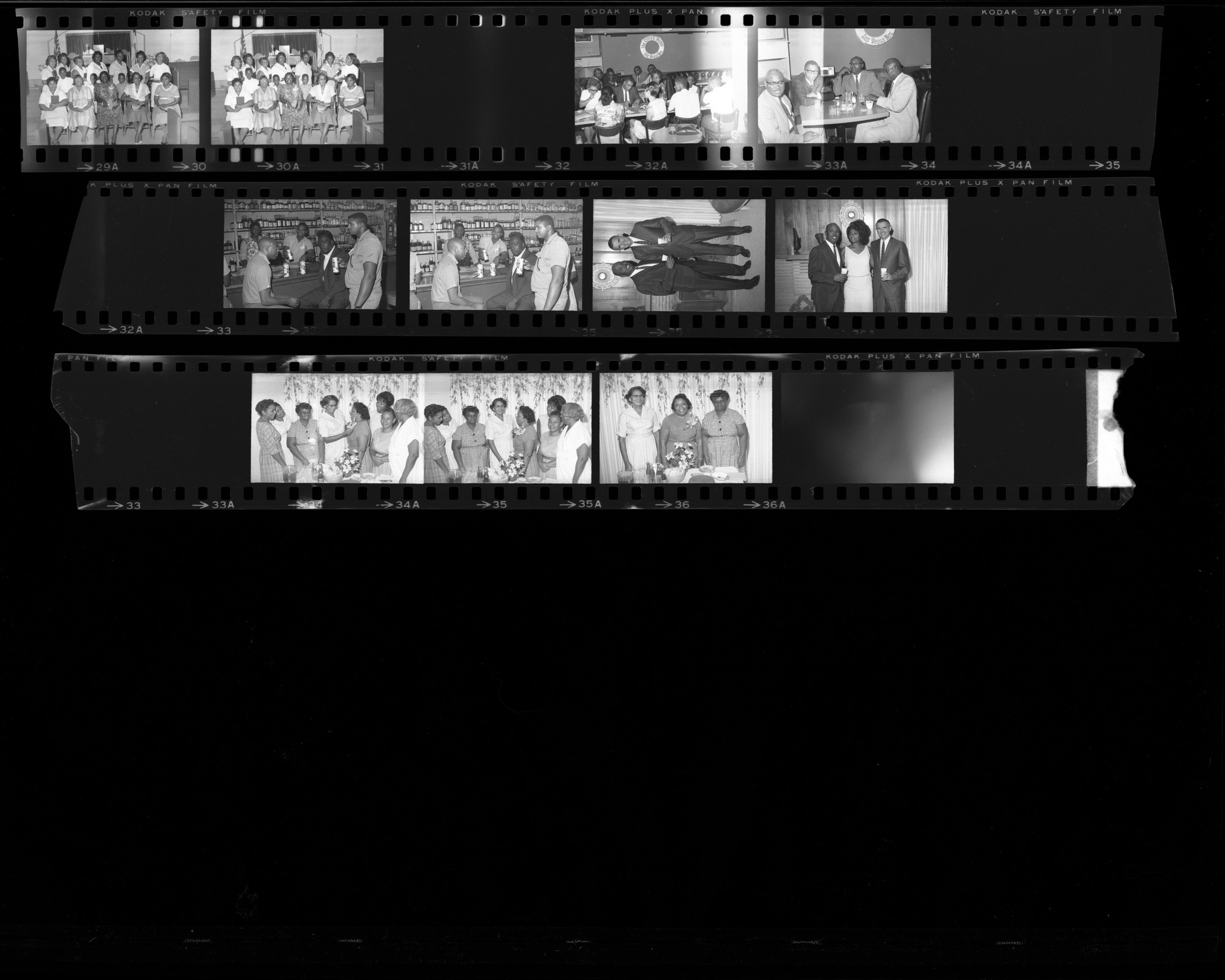 Set of negatives by Clinton Wright including Pabst at Bruce's, Gee's party for Lauxalt, voter registration, the Curtis Brothers at Cherrone Station, Mrs. Jones, and Second Baptist Prayer Board, 1966, page 2