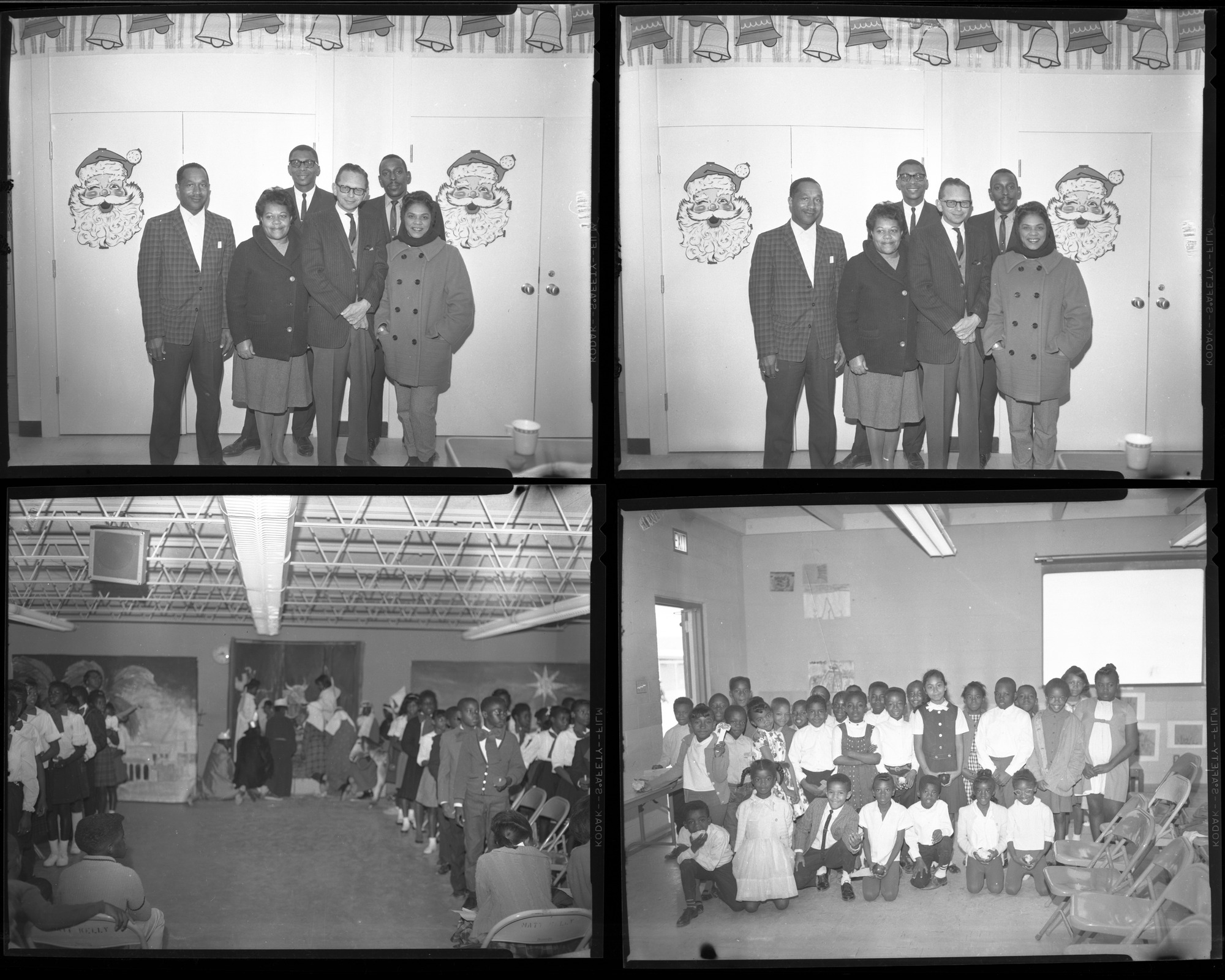 Set of negatives by Clinton Wright including treelighters, Kit Carson's Christmas Program, Reverend Donald Clark, and events at Matt Kelly and Madison, 1966, page 1
