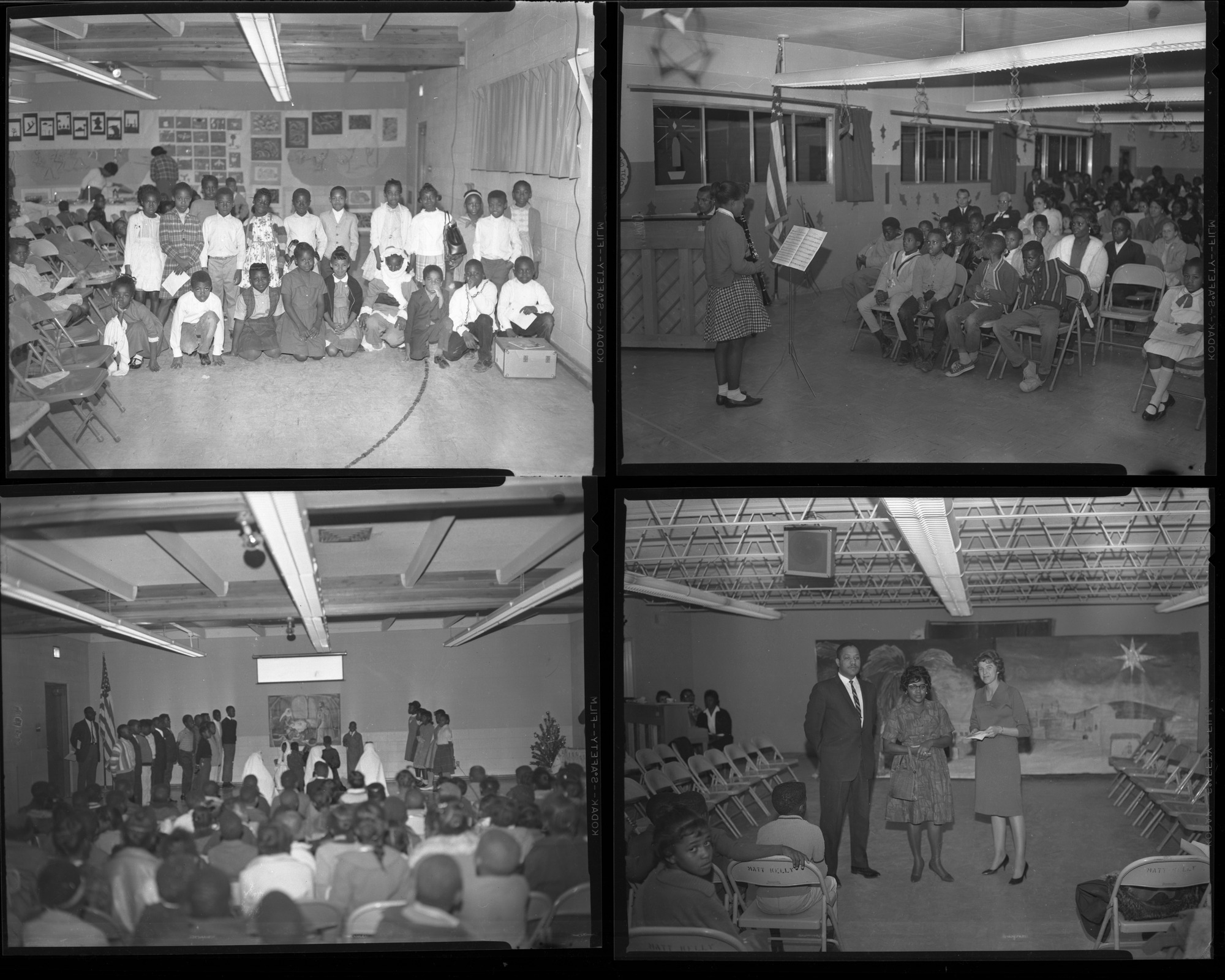 Set of negatives by Clinton Wright including treelighters, Kit Carson's Christmas Program, Reverend Donald Clark, and events at Matt Kelly and Madison, 1966, page 2
