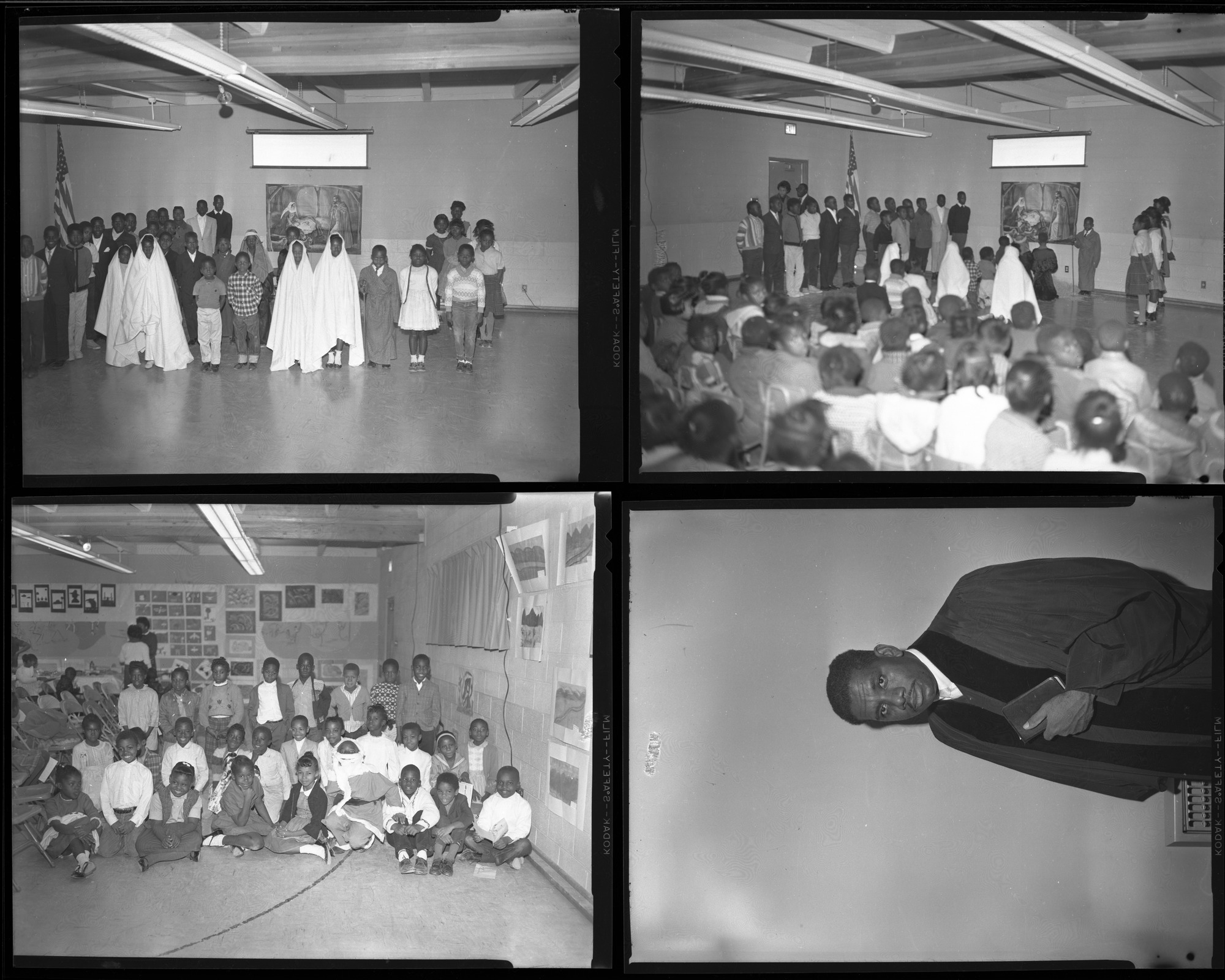 Set of negatives by Clinton Wright including treelighters, Kit Carson's Christmas Program, Reverend Donald Clark, and events at Matt Kelly and Madison, 1966, page 4