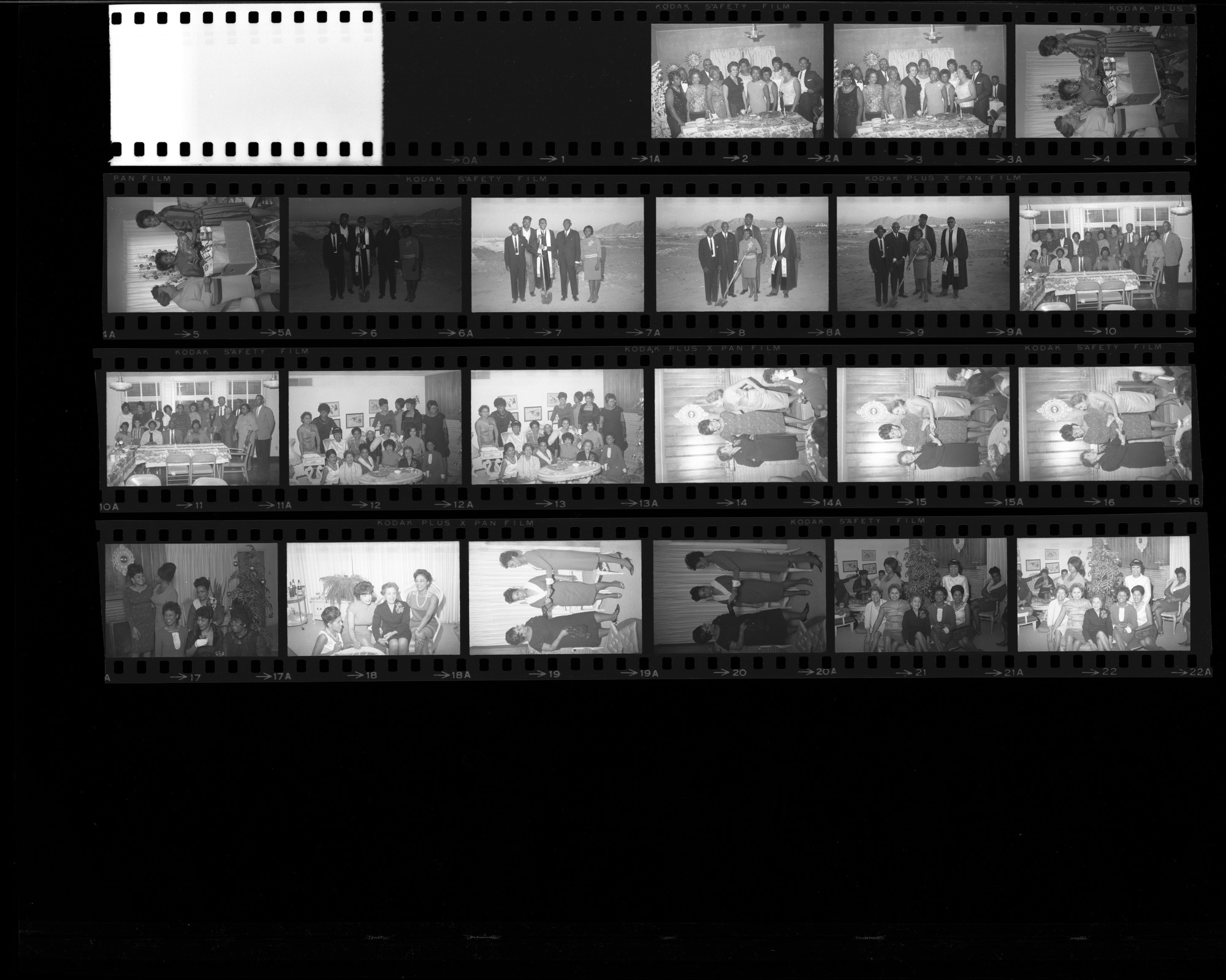 Set of negatives by Clinton Wright including the Coterie Club, Christmas dinner at the Marvel Manor, groundbreaking at Zion, sorority at Lucile's, the Boy Scout program at Kit Carson, and Carolyn at a shop, 1966, page 2
