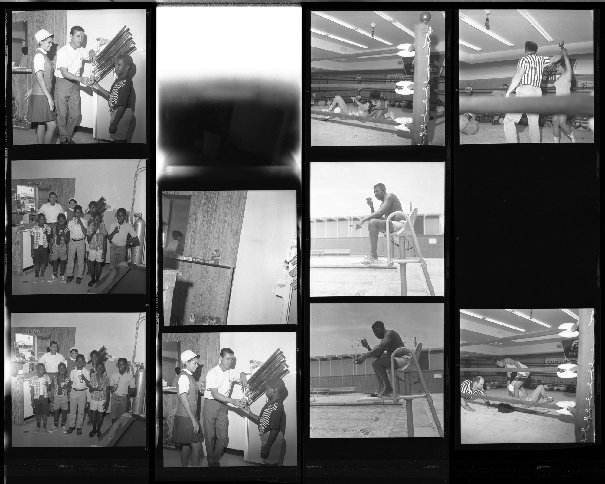 Set of negatives by Clinton Wright including Attorney Charles L. Kellar, wrestling at Fremont, May Young vs. Pearl Beihn, Ulysses Winfry, and Steve's Shop, 1967, page 1
