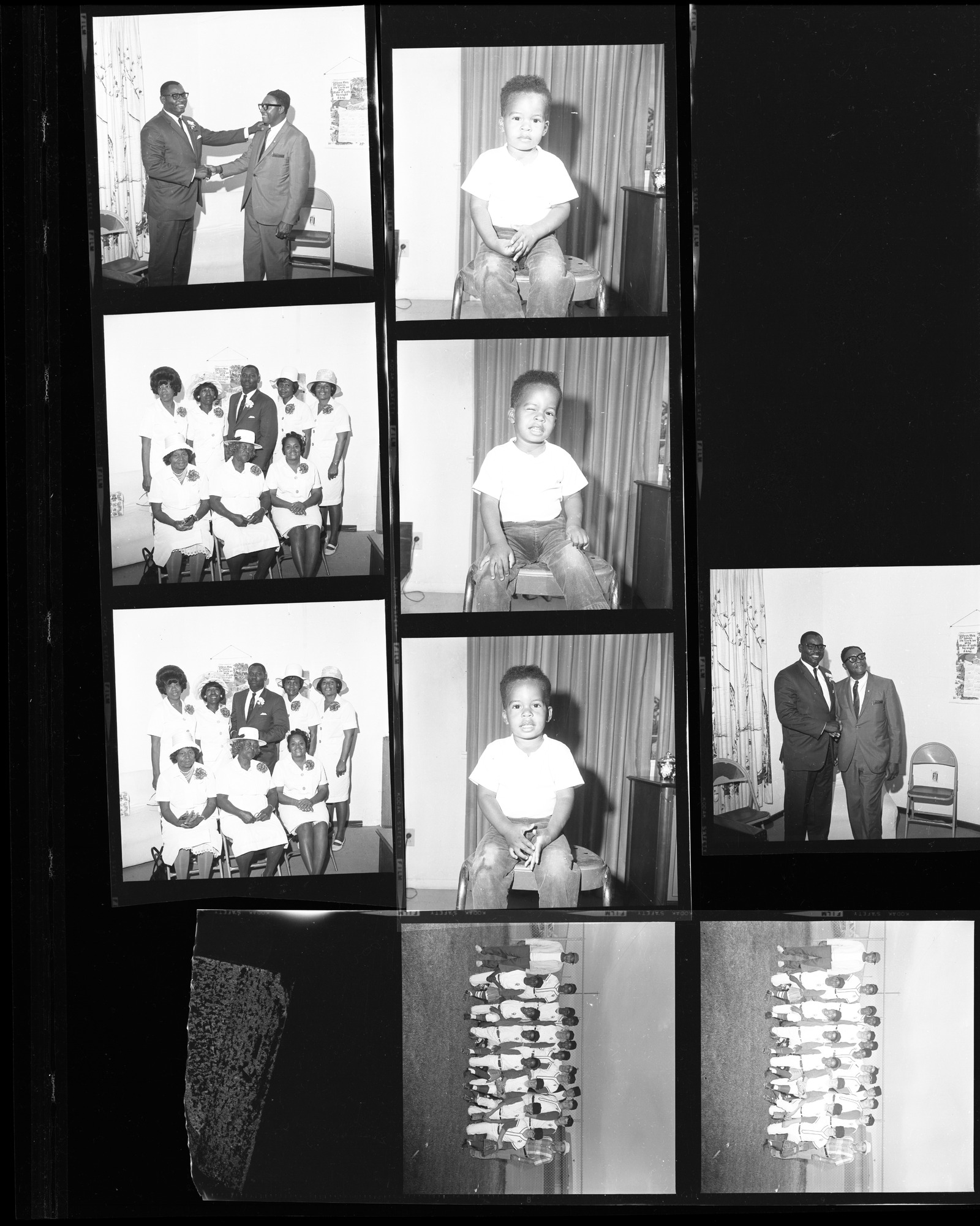 Set of negatives by Clinton Wright including wedding of Lenola Alexander, baseball team, Derick Scott, Reverend at New Jerusalem, Pastor's aid Club at N.J., and Clinton Wright with camera, 1968, page 1