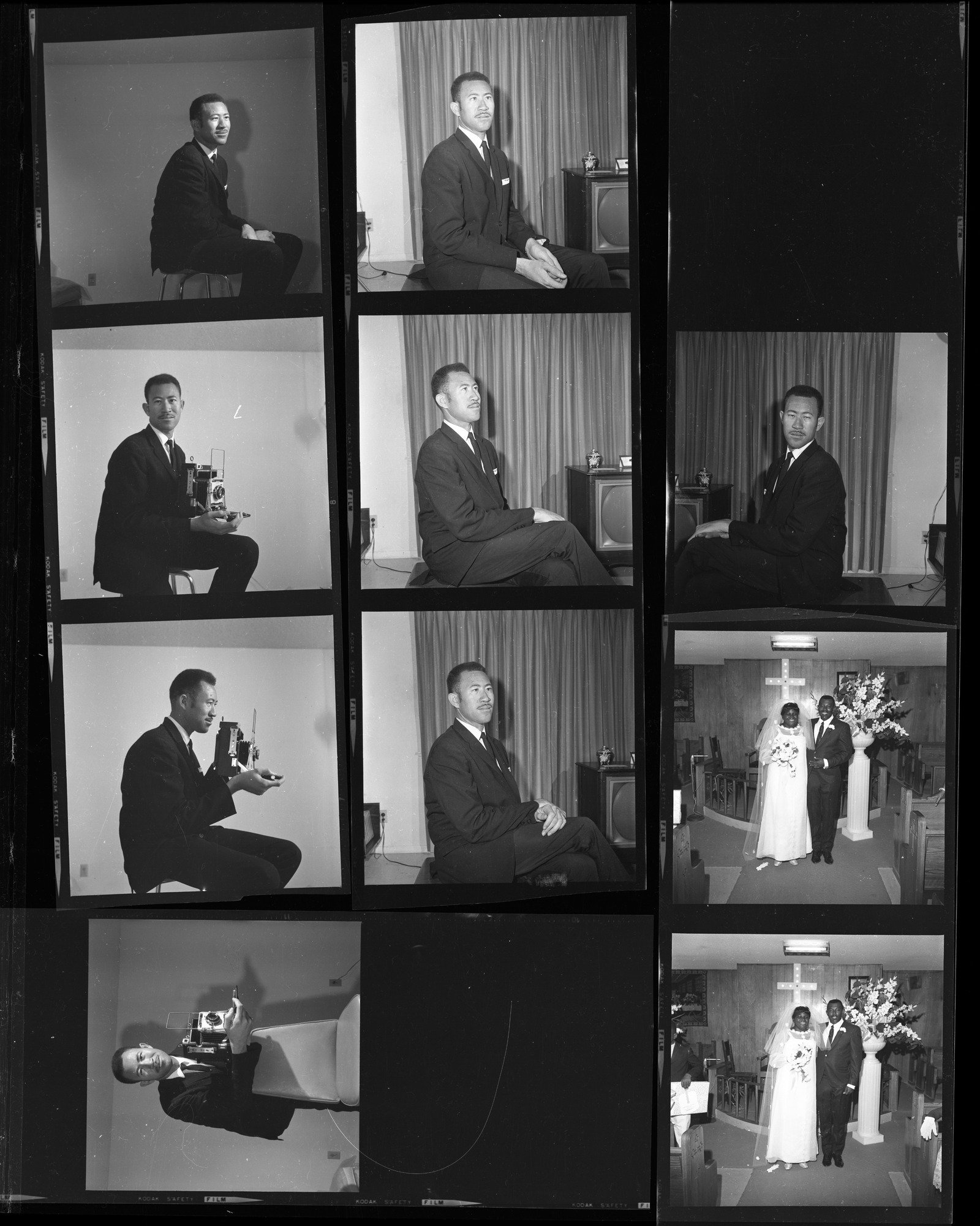 Set of negatives by Clinton Wright including wedding of Lenola Alexander, baseball team, Derick Scott, Reverend at New Jerusalem, Pastor's aid Club at N.J., and Clinton Wright with camera, 1968, page 2