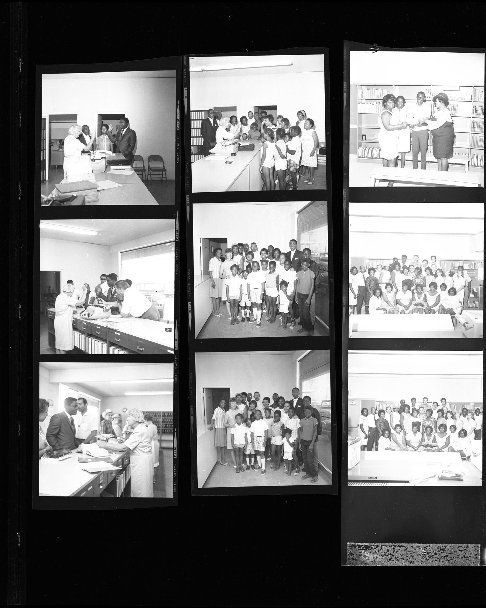 Set of negatives by Clinton Wright negatives including Wilma Prudhumne with Ed Fike & wife, Otis Harris, adult graduation at Highland (Red Cross), and Helen Anderson, 1968, page 1