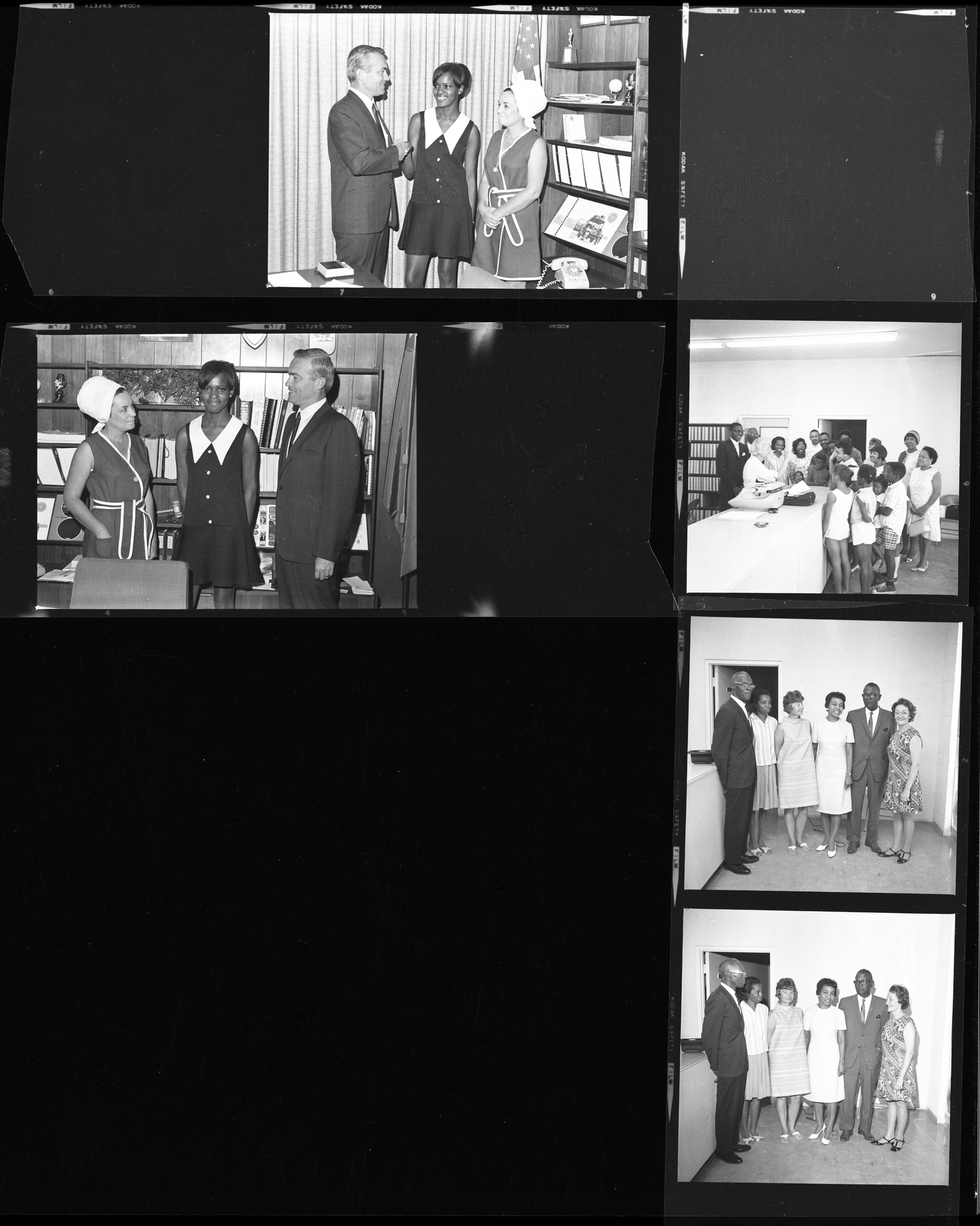 Set of negatives by Clinton Wright negatives including Wilma Prudhumne with Ed Fike & wife, Otis Harris, adult graduation at Highland (Red Cross), and Helen Anderson, 1968, page 2