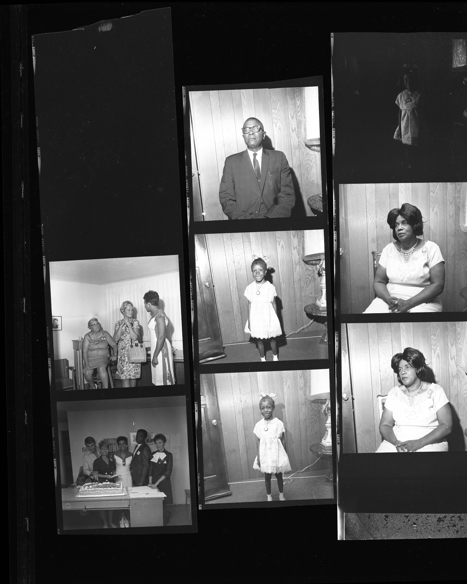 Set of negatives by Clinton Wright including Missionary Cooper at New Jerusalem, Flora Dongan's opening campaign, Dukes & Duchesses award program at Sugar Hill, and Reverend J.L. Simmons, Mrs. J.L. Simmons and their daughter, 1968, page 2