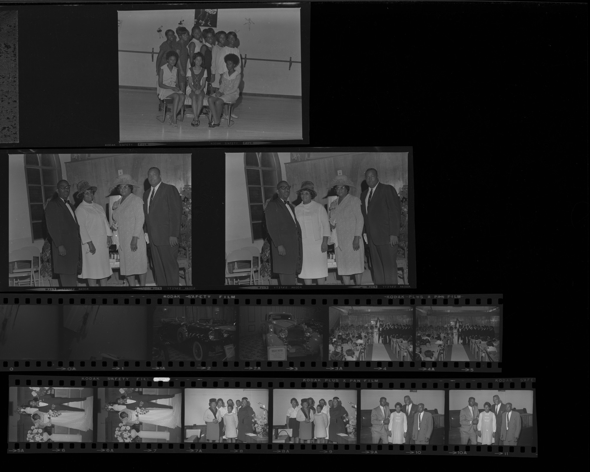 Set of negatives by Clinton Wright including debutante practice, Bishop Webb's appreciation, class at Highland School, and Reverend Thompson's church, 1969, page 1