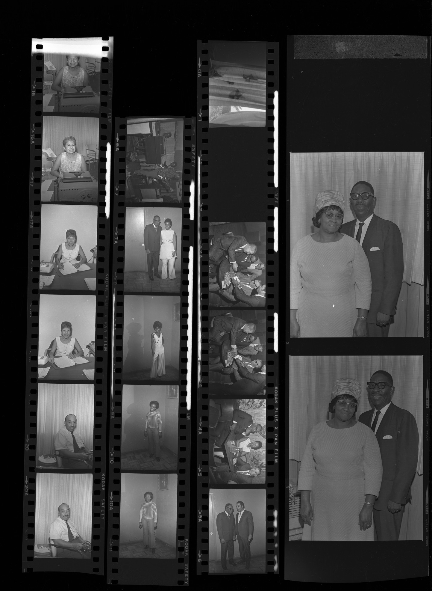 Set of negatives by Clinton Wright including meeting at Doolittle, Upperoom Church, Landmark, Voice staff, Henry Miller's party at Sugar Hill, and Bishop and Sister Webb, 1969, page 1