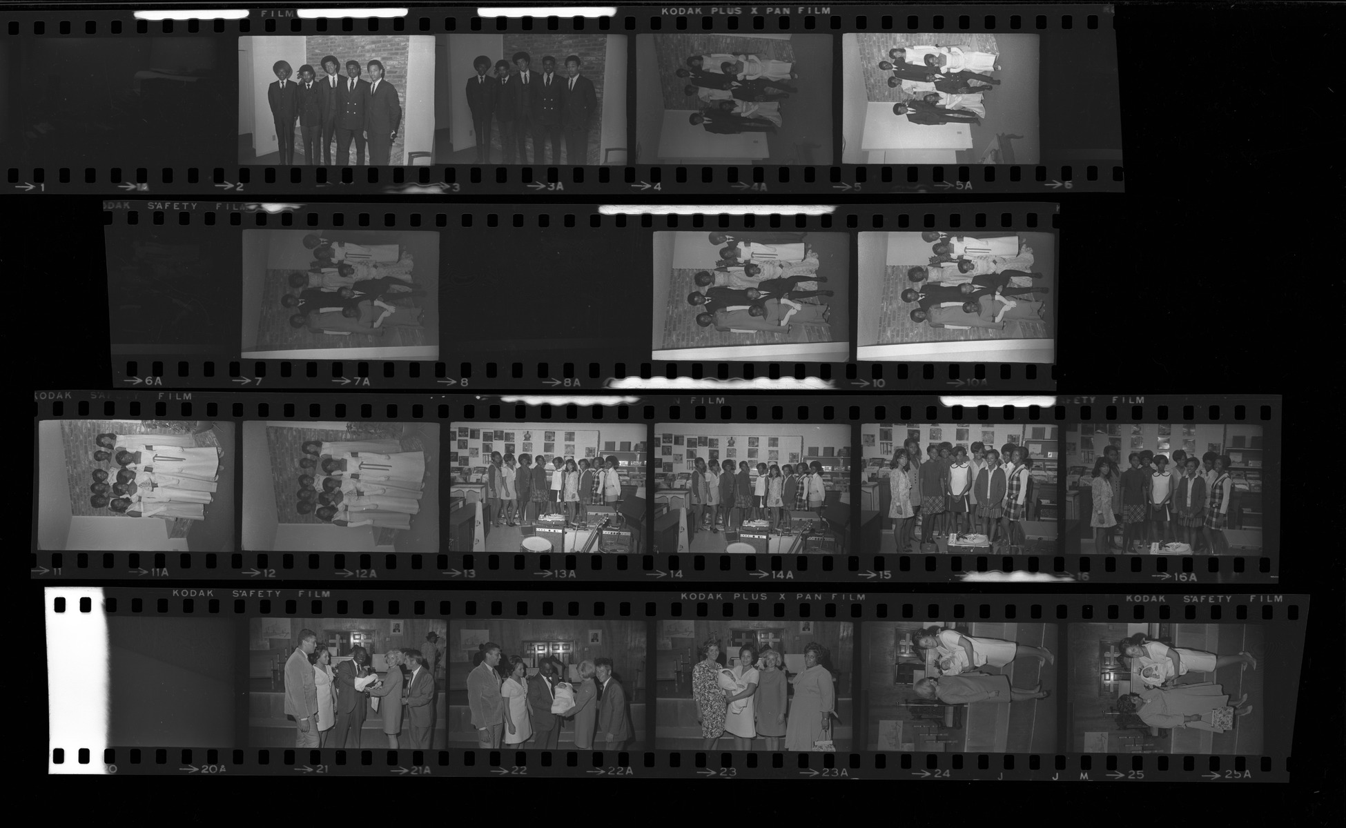 Set of negatives by Clinton Wright including Sunset Mortuary & employees, Kappas at Mrs. Pughley's, debutante group pictures at Mrs. Bennett's, Yolanda Arlington's baby Christening, Cosmo bar, and debutantes at Sight & Sound, 1969, page 1