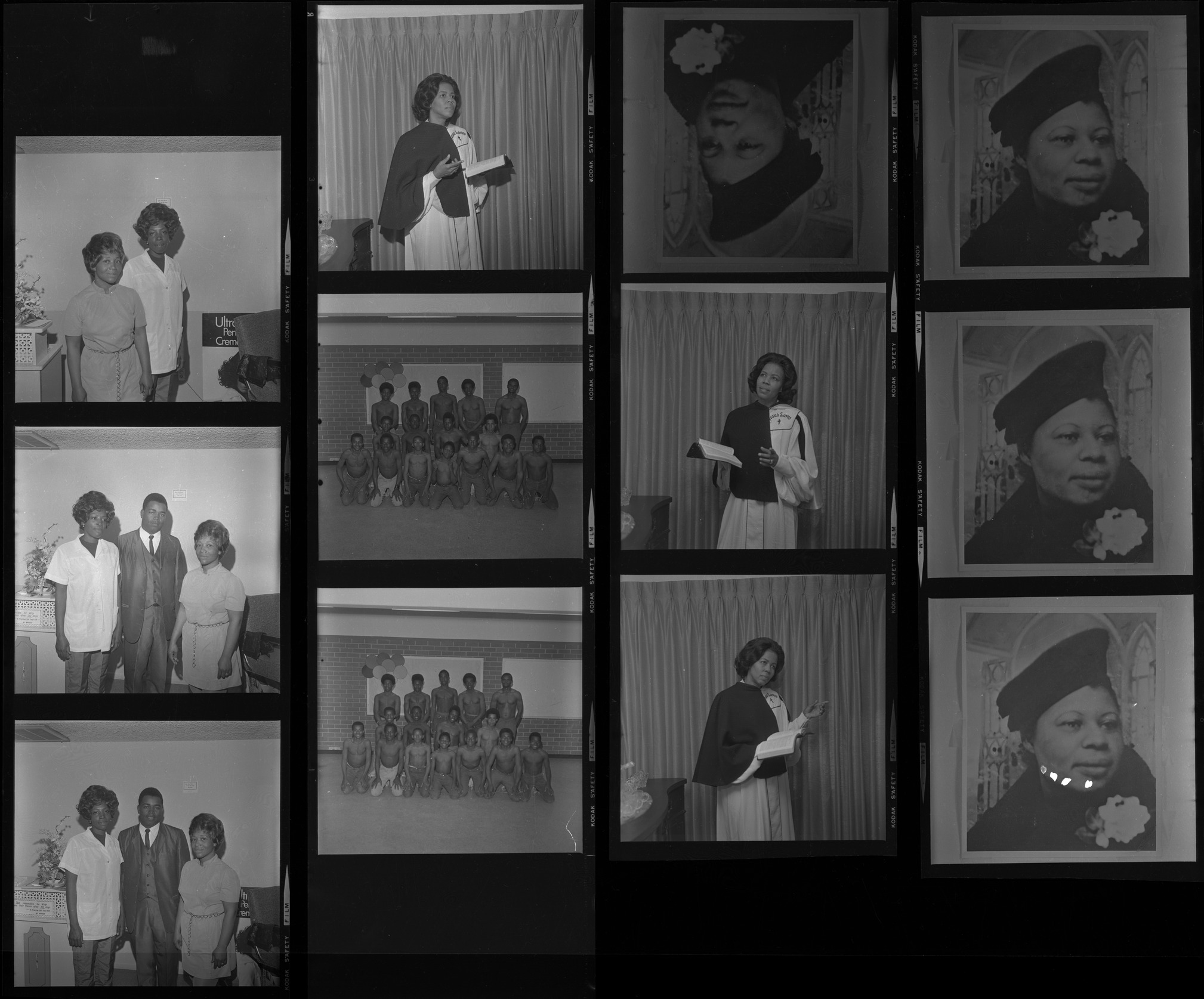 Set of negatives by Clinton Wright including Moulin Rouge Beauty Salon, Sarann's Dress Shop, Sister Andrew Jackson, copy negative for Brother Johnson, and boxing team at Doolittle, 1970, page 1