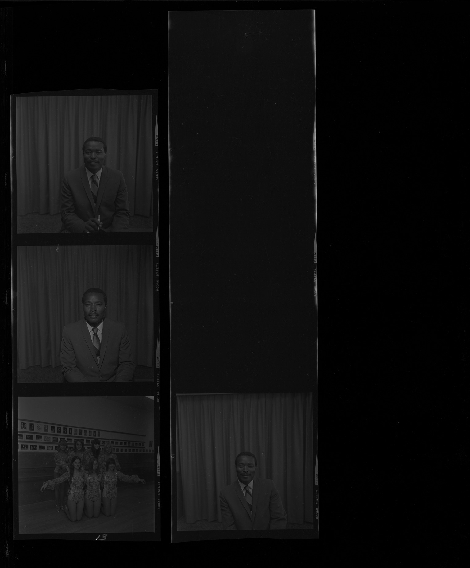 Set of negatives by Clinton Wright including Mr. & Mrs. Goynes, Mrs. Goynes at Madison, Kit Carson Award program (drill team), Jay Elliott, and Dorothy Frankivich at Dance School, 1970, page 2