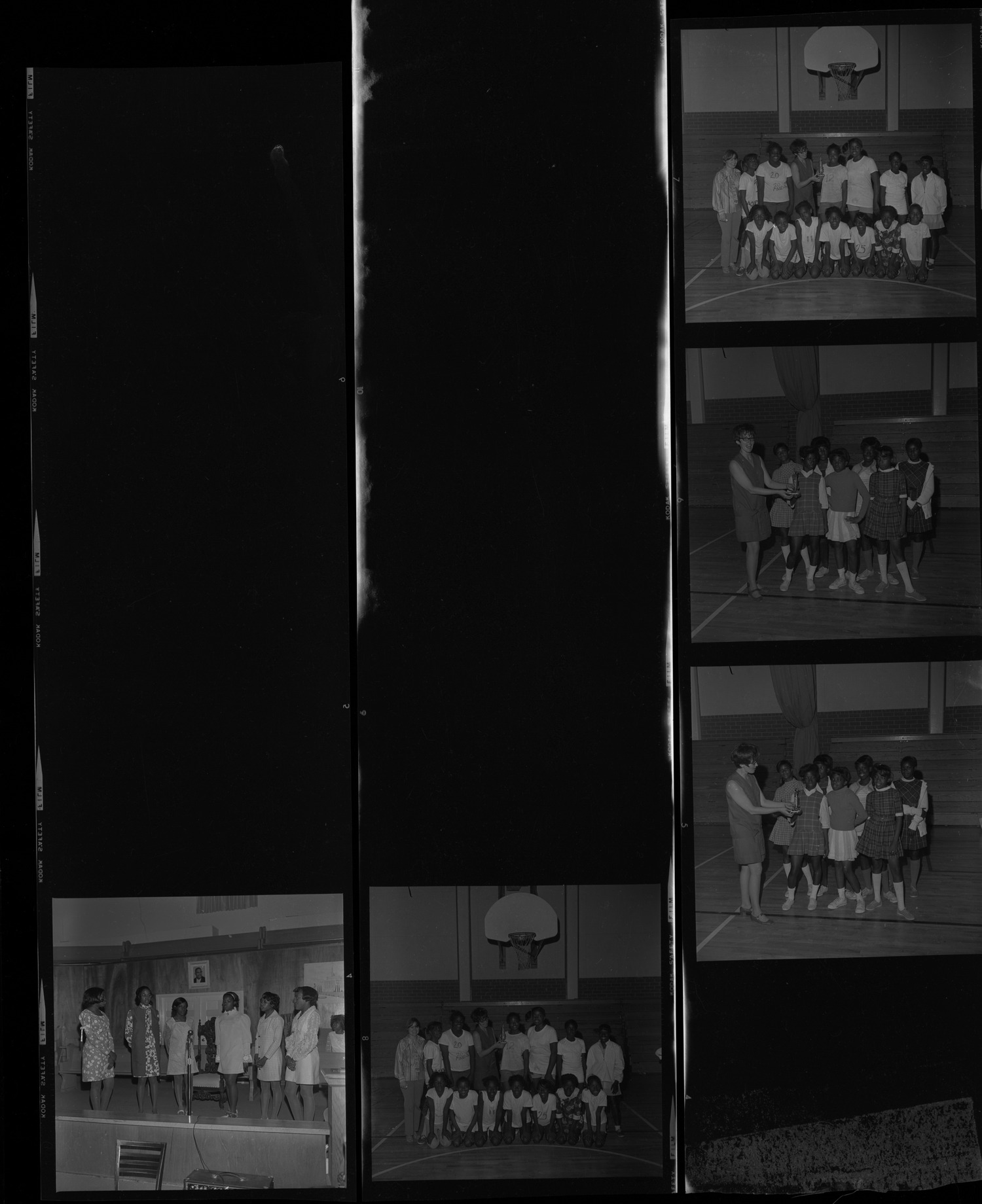 Set of negatives by Clinton Wright including Victory Baptist Choir, Love's Cocktail Lounge, Easter Program at Upperoom, and basketball tournament at Doolittle, 1970, page 1