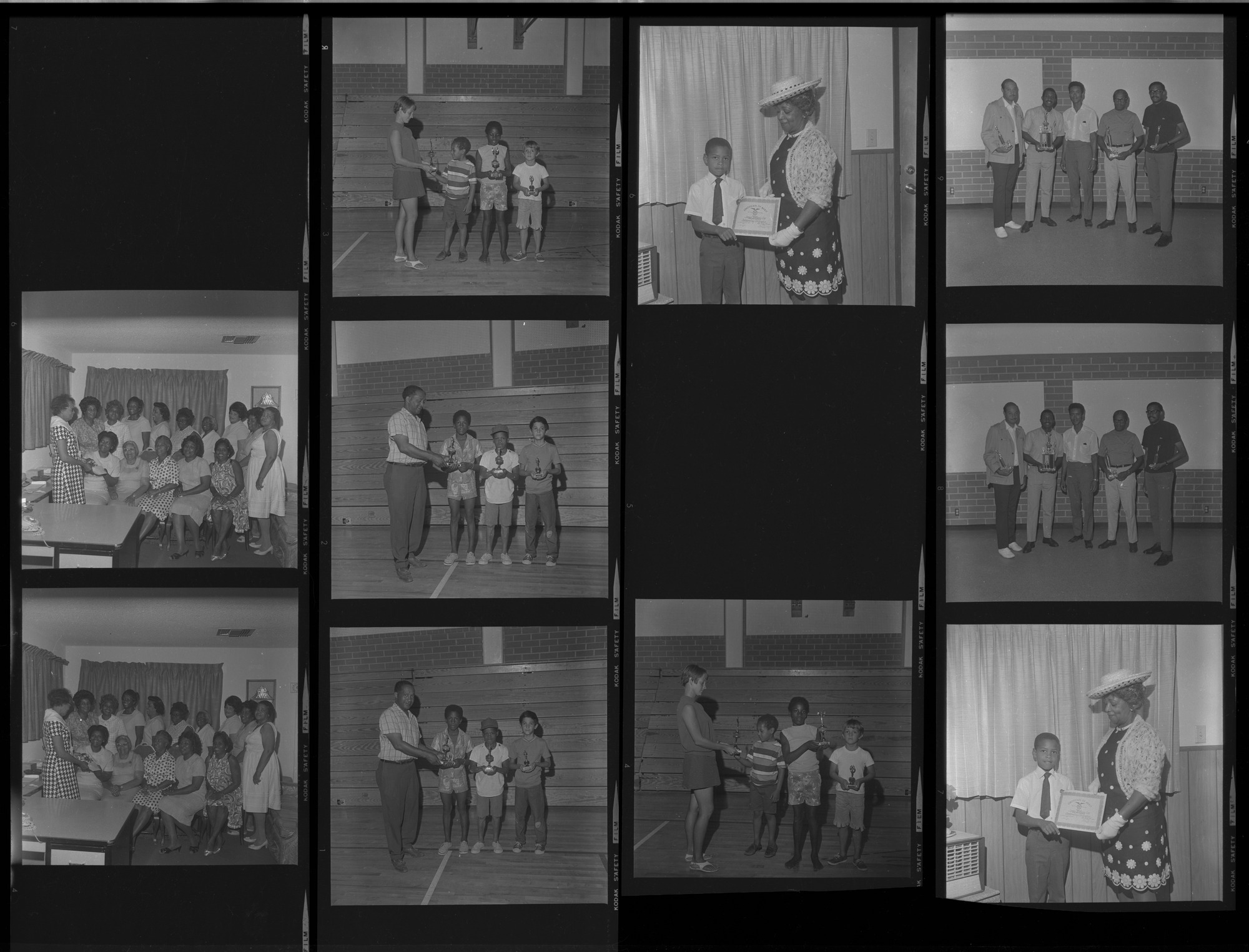 Set of negatives by Clinton Wright including Second Baptist Prayer Band, Elder H. Dorsey, Tony Cox receives award from Mabel Hoggard, marble tournament at Doolittle, and Kappa's golf tournament, 1970, page 1