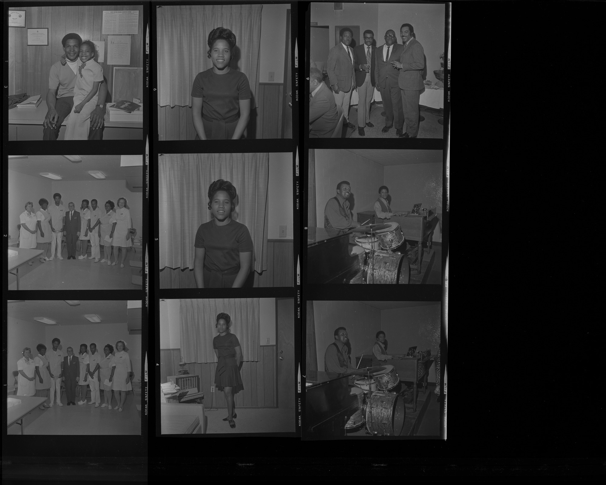 Set of negatives by Clinton Wright including Ray Feaster & Regina, graduating class at SNMH (C.E.P.), NAACP installation at Ruben's, and Brenda McKinney,  1971, page 1
