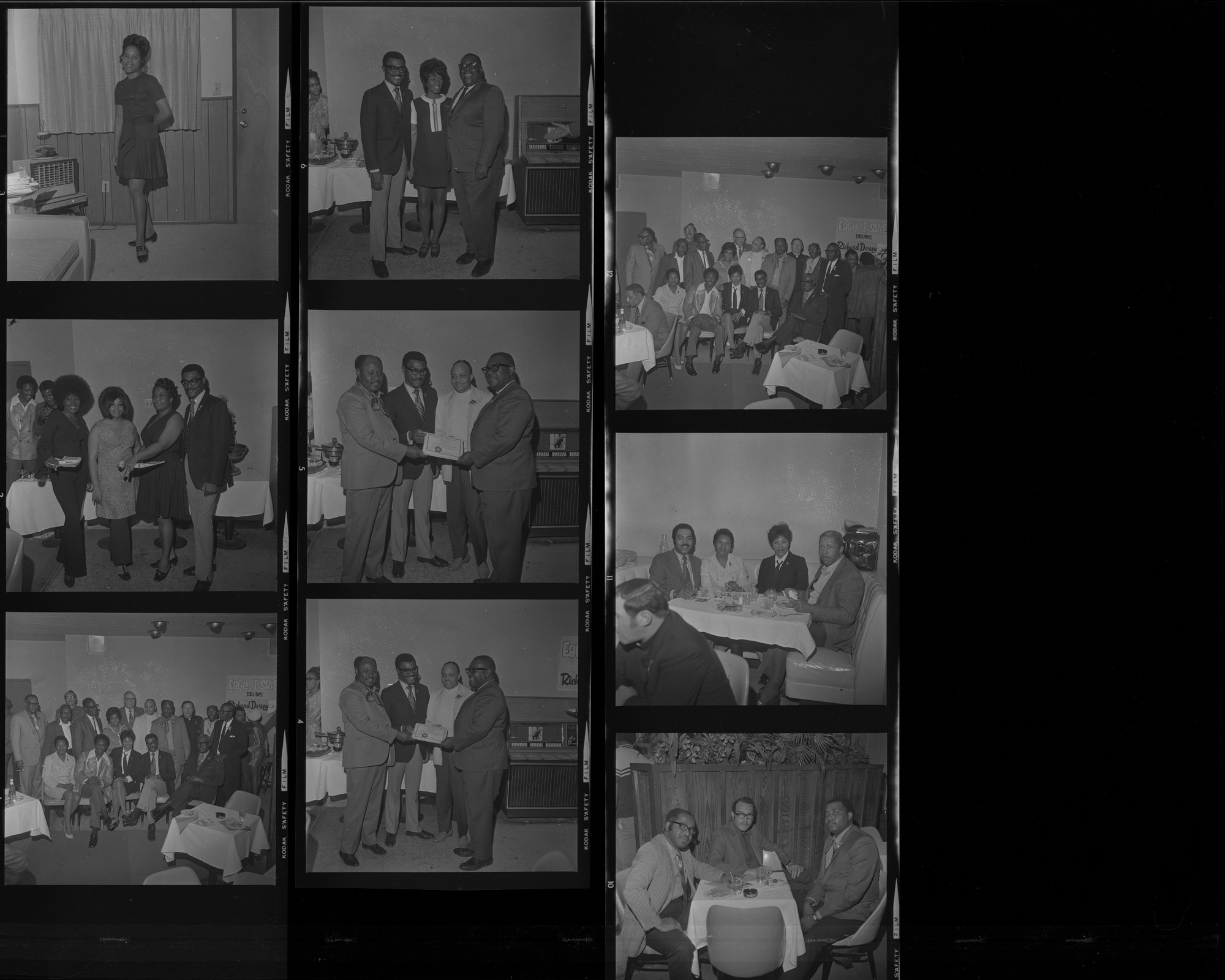 Set of negatives by Clinton Wright including Ray Feaster & Regina, graduating class at SNMH (C.E.P.), NAACP installation at Ruben's, and Brenda McKinney,  1971, page 2