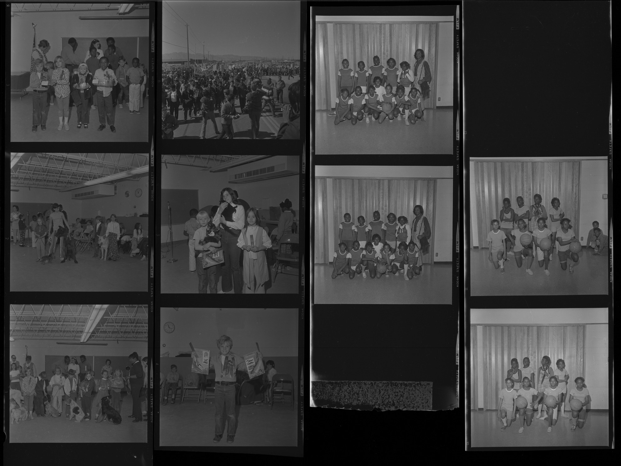 Set of negatives by Clinton Wright including Basketball tournament girls at Doolittle, Bonanza School Pet Show, boxing team at Doolittle, and Welfare Rights march on Strip, 1971, page 2