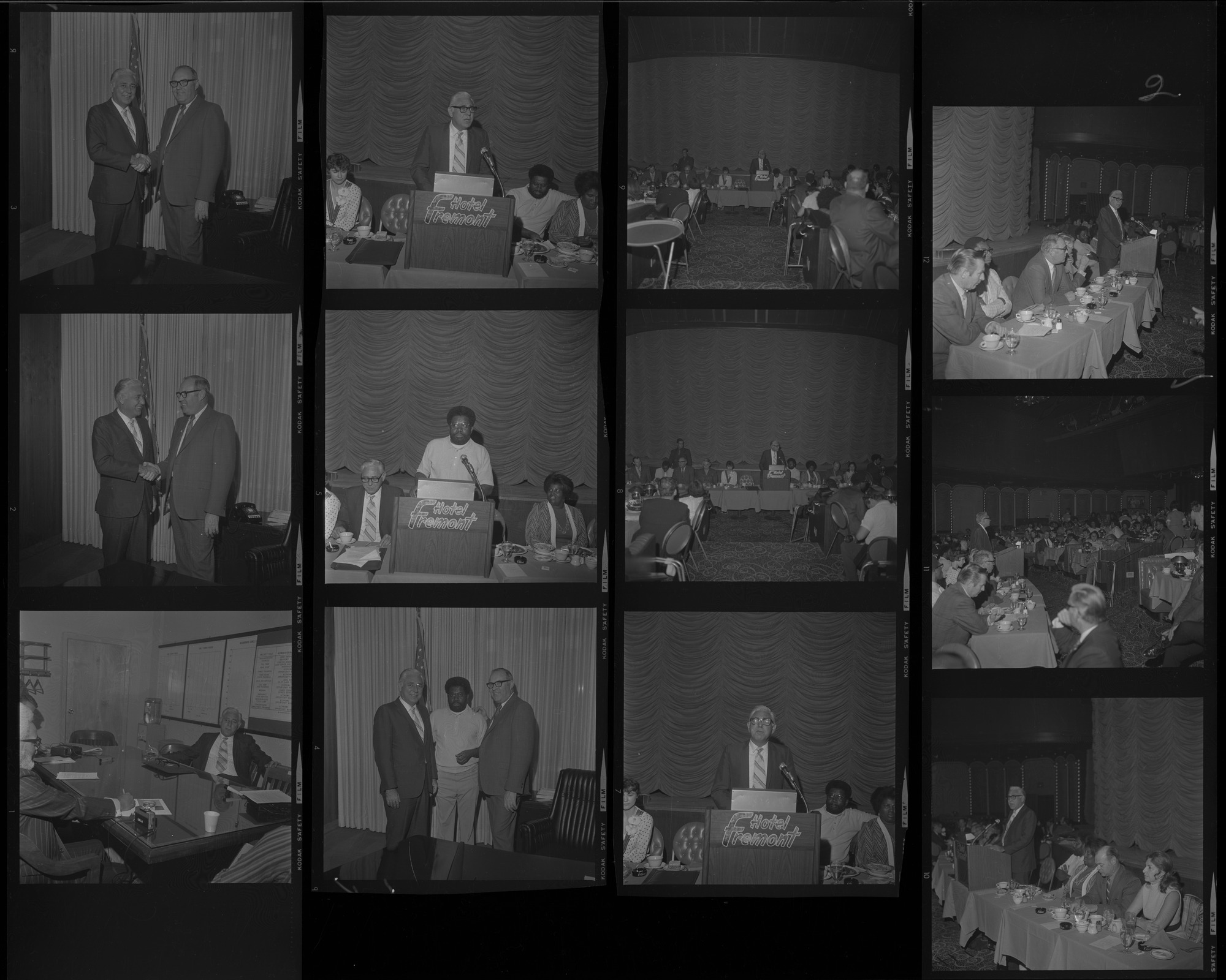Set of negatives by Clinton Wright including  Mr. Bett's visit to Las Vegas, Jo Mackey's Negro History program, and Earl Swift's barber shop, 1971, page 1