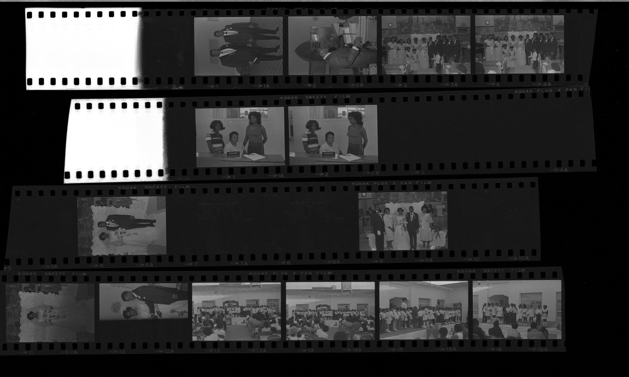Set of negatives by Clinton Wright including Operation Independence Day Care graduation, Eloise Barnett's wedding, C.E.P. receptionist, and beauty contest at Doolittle, 1971, page 2
