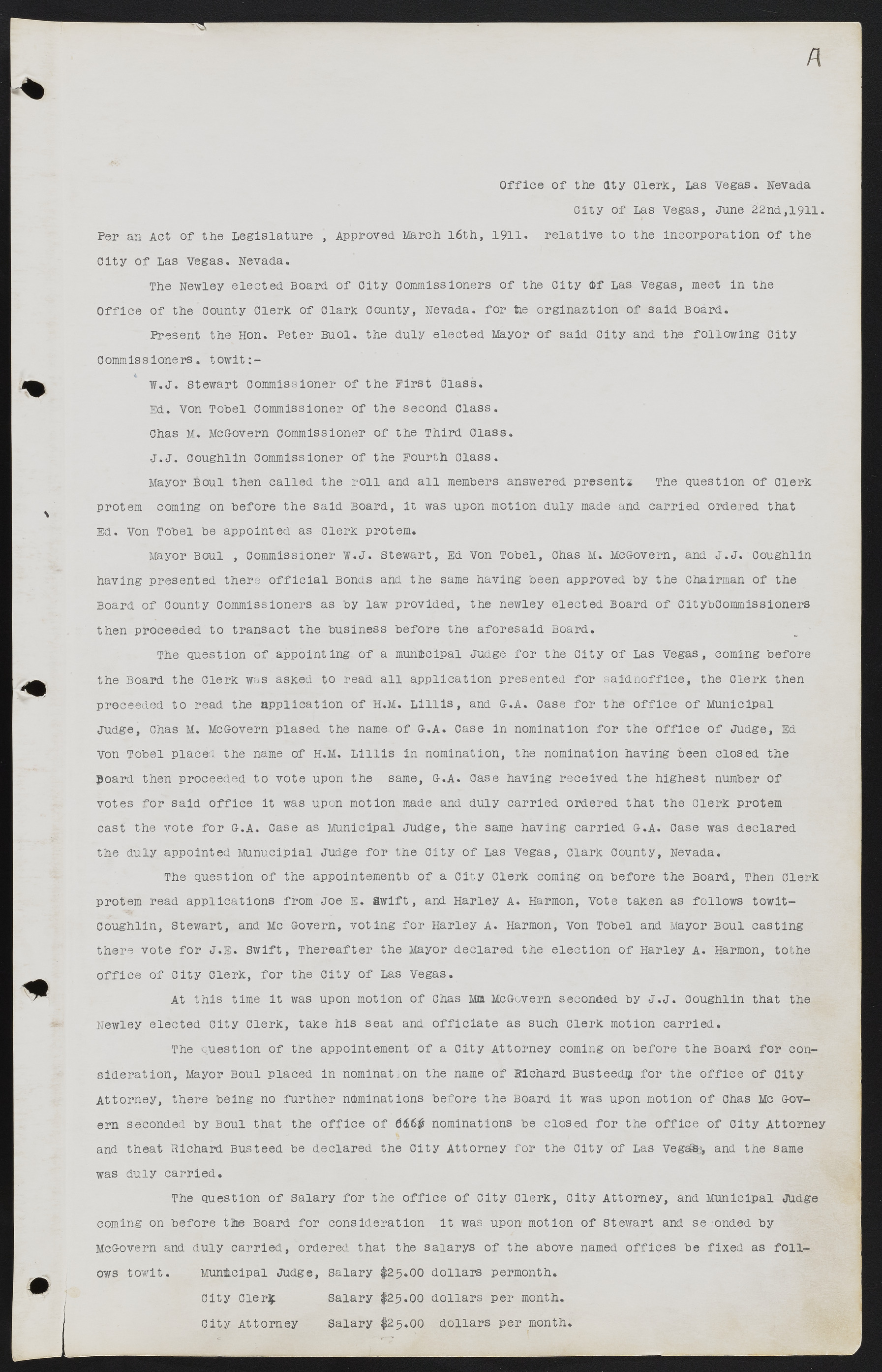 Las Vegas City Commission Minutes, June 22, 1911 to February 7, 1922, lvc000001-3