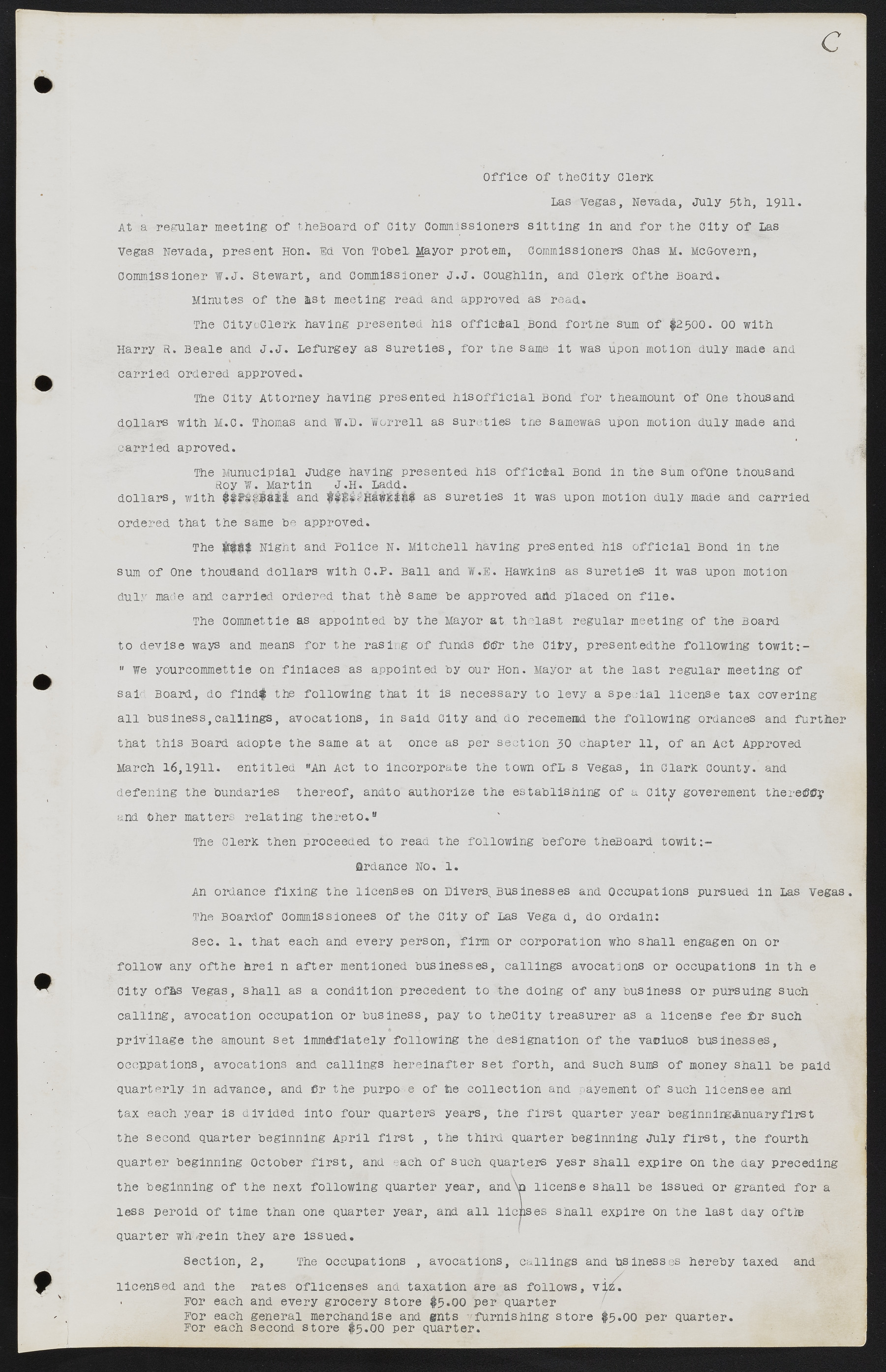 Las Vegas City Commission Minutes, June 22, 1911 to February 7, 1922, lvc000001-5