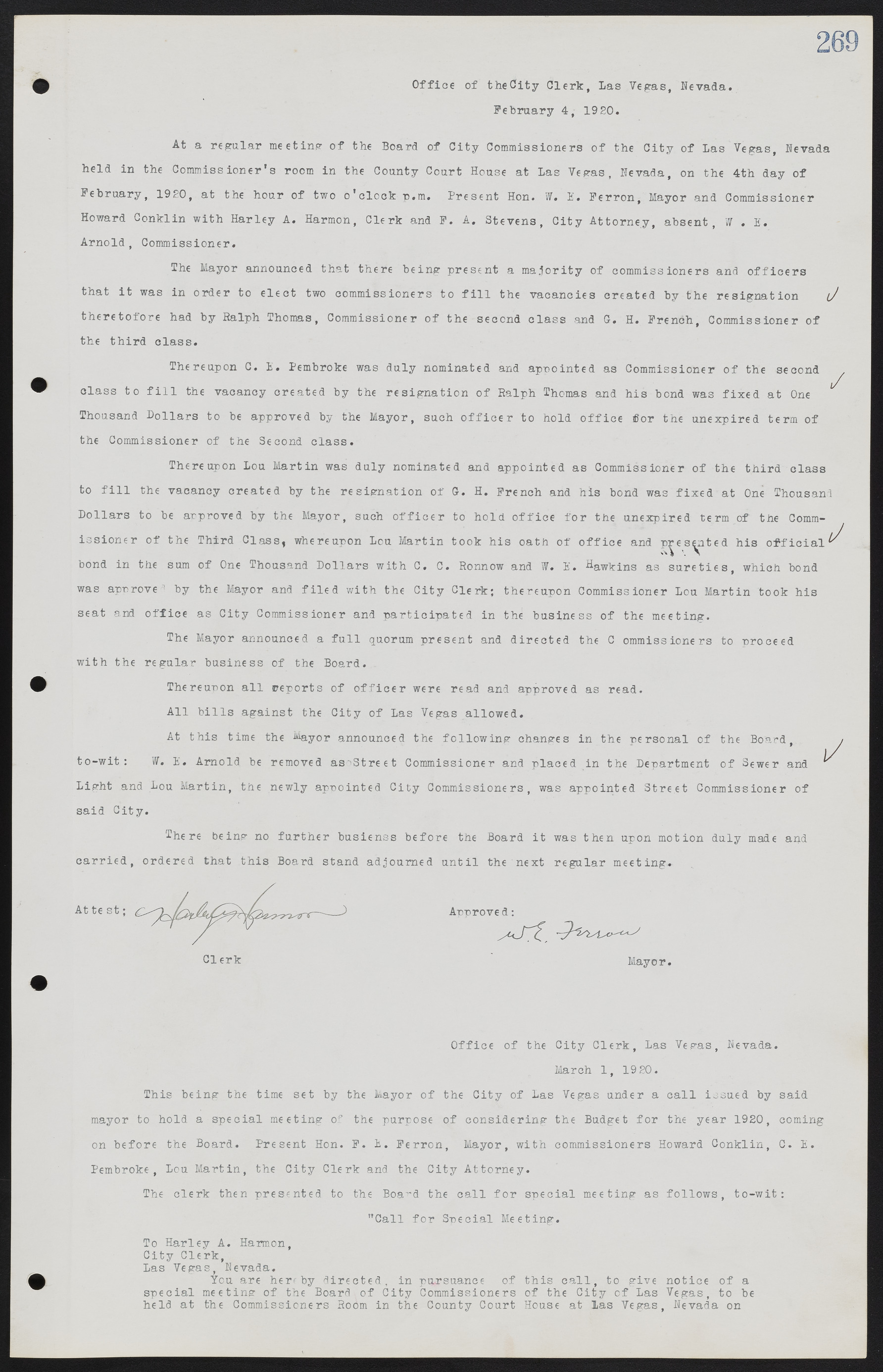 Las Vegas City Commission Minutes, June 22, 1911 to February 7, 1922, lvc000001-285