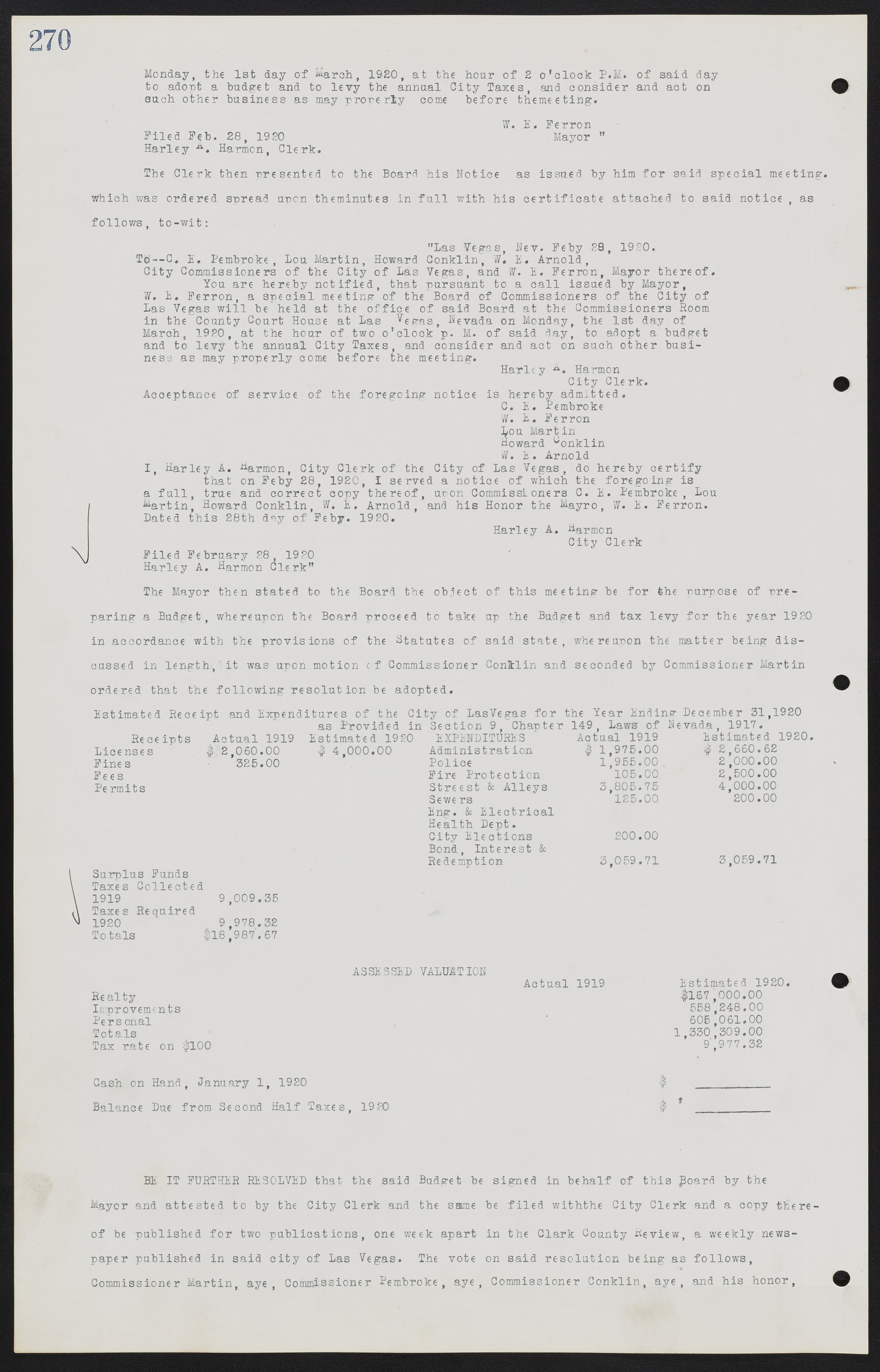 Las Vegas City Commission Minutes, June 22, 1911 to February 7, 1922, lvc000001-286