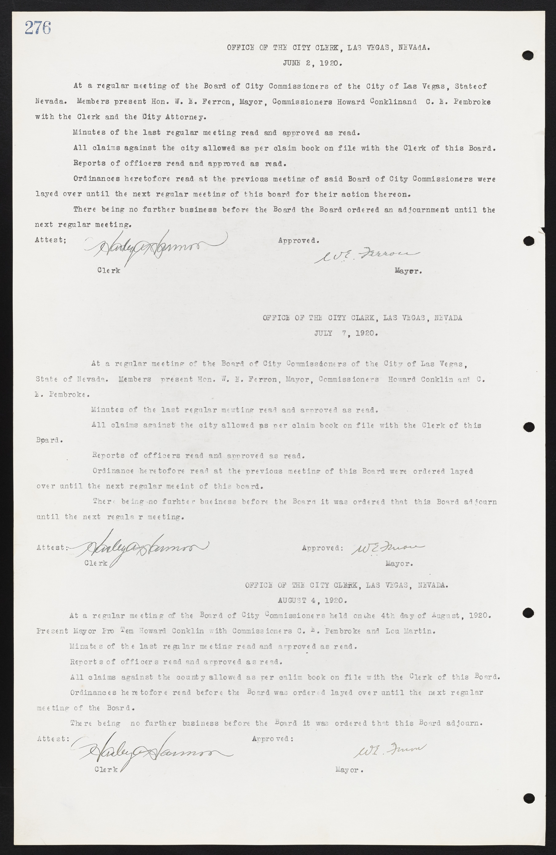 Las Vegas City Commission Minutes, June 22, 1911 to February 7, 1922, lvc000001-292