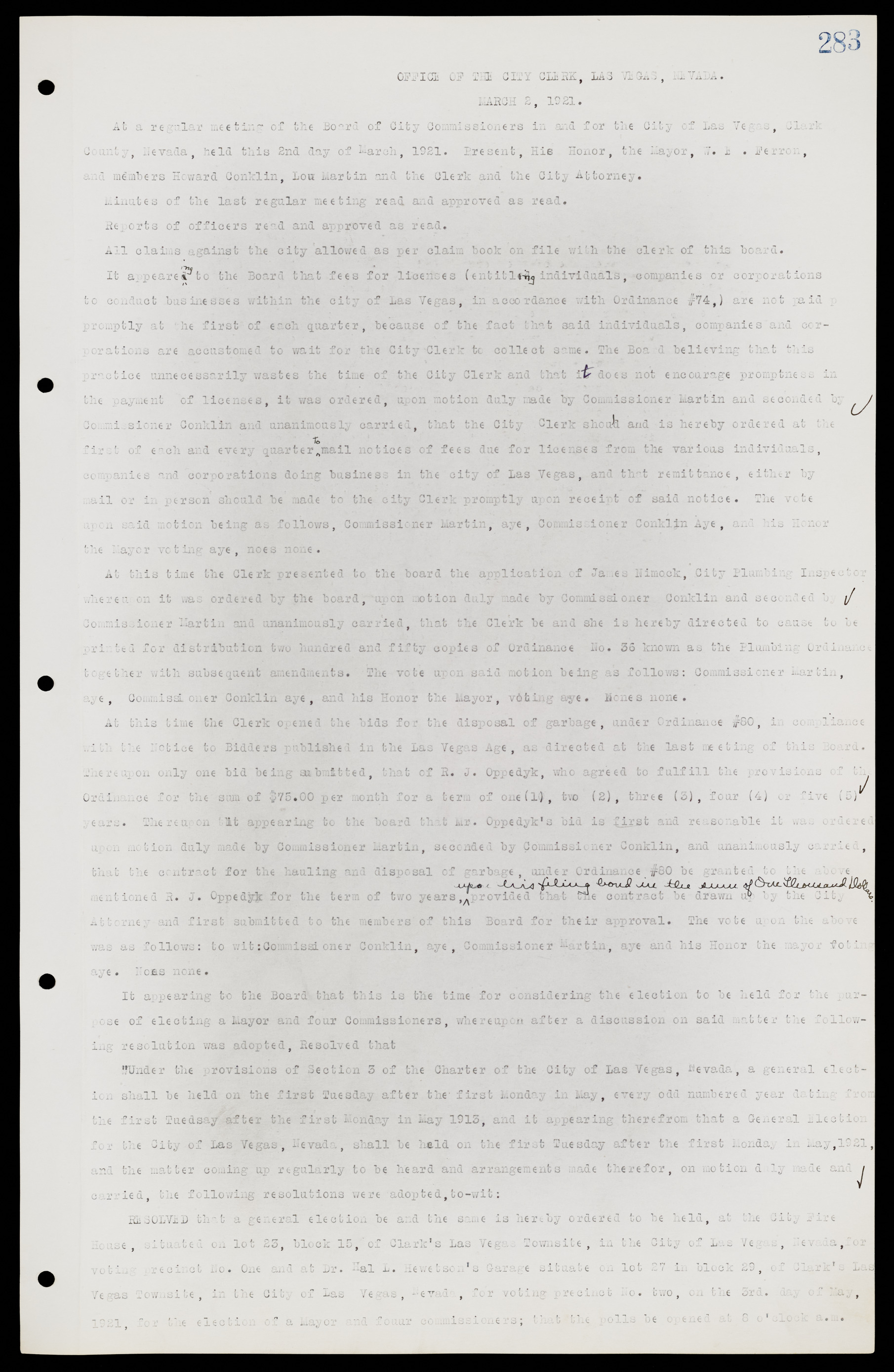 Las Vegas City Commission Minutes, June 22, 1911 to February 7, 1922, lvc000001-299