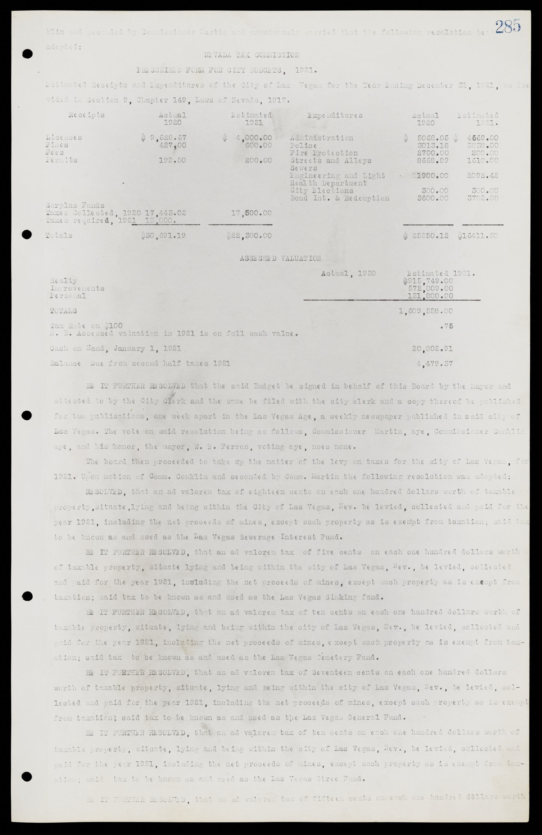 Las Vegas City Commission Minutes, June 22, 1911 to February 7, 1922, lvc000001-301