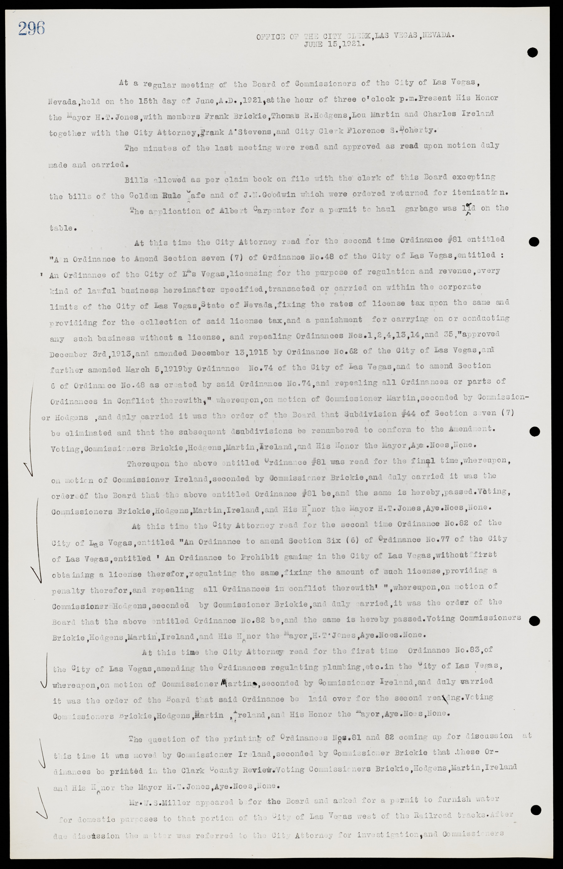 Las Vegas City Commission Minutes, June 22, 1911 to February 7, 1922, lvc000001-312