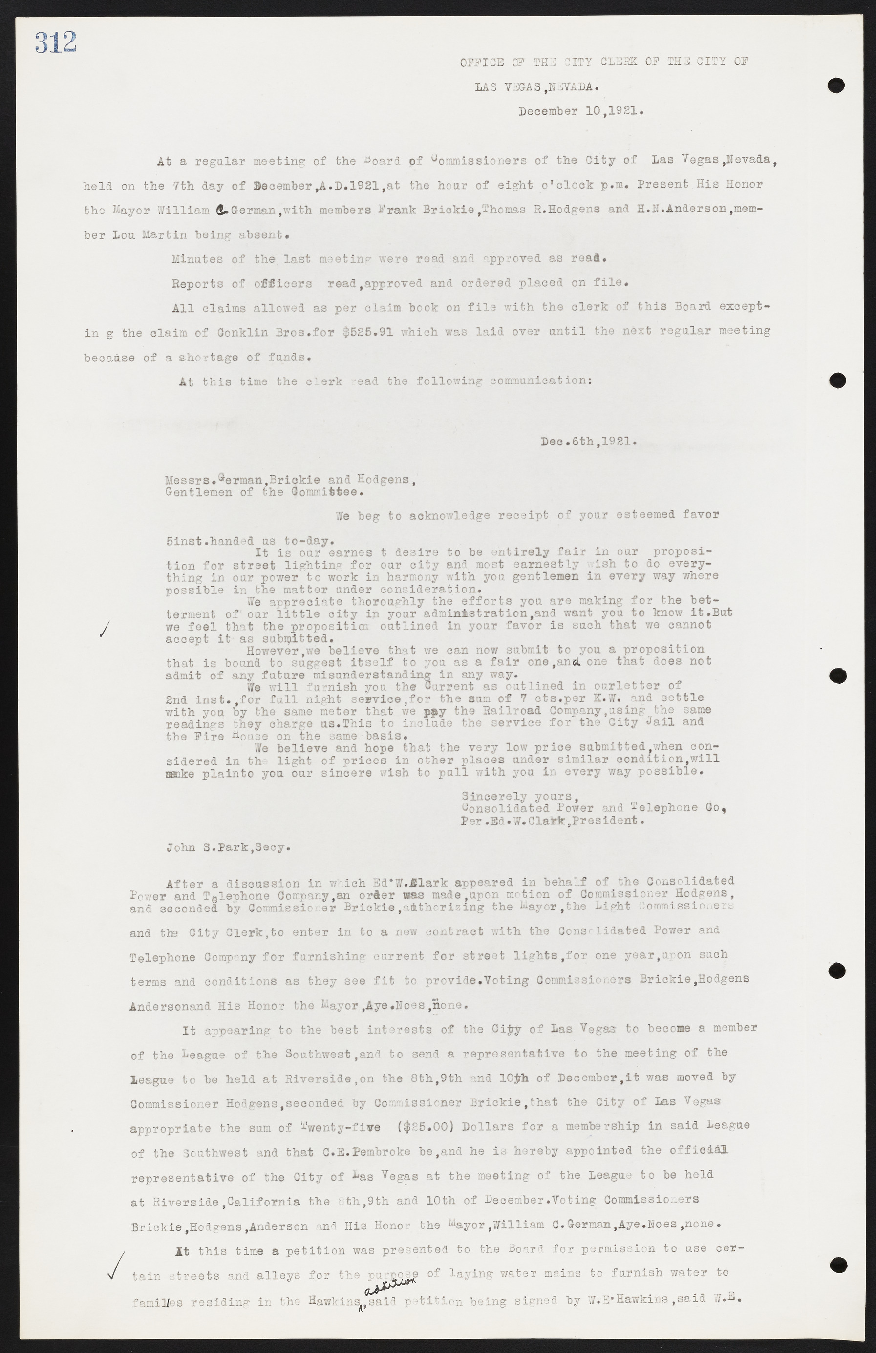 Las Vegas City Commission Minutes, June 22, 1911 to February 7, 1922, lvc000001-328