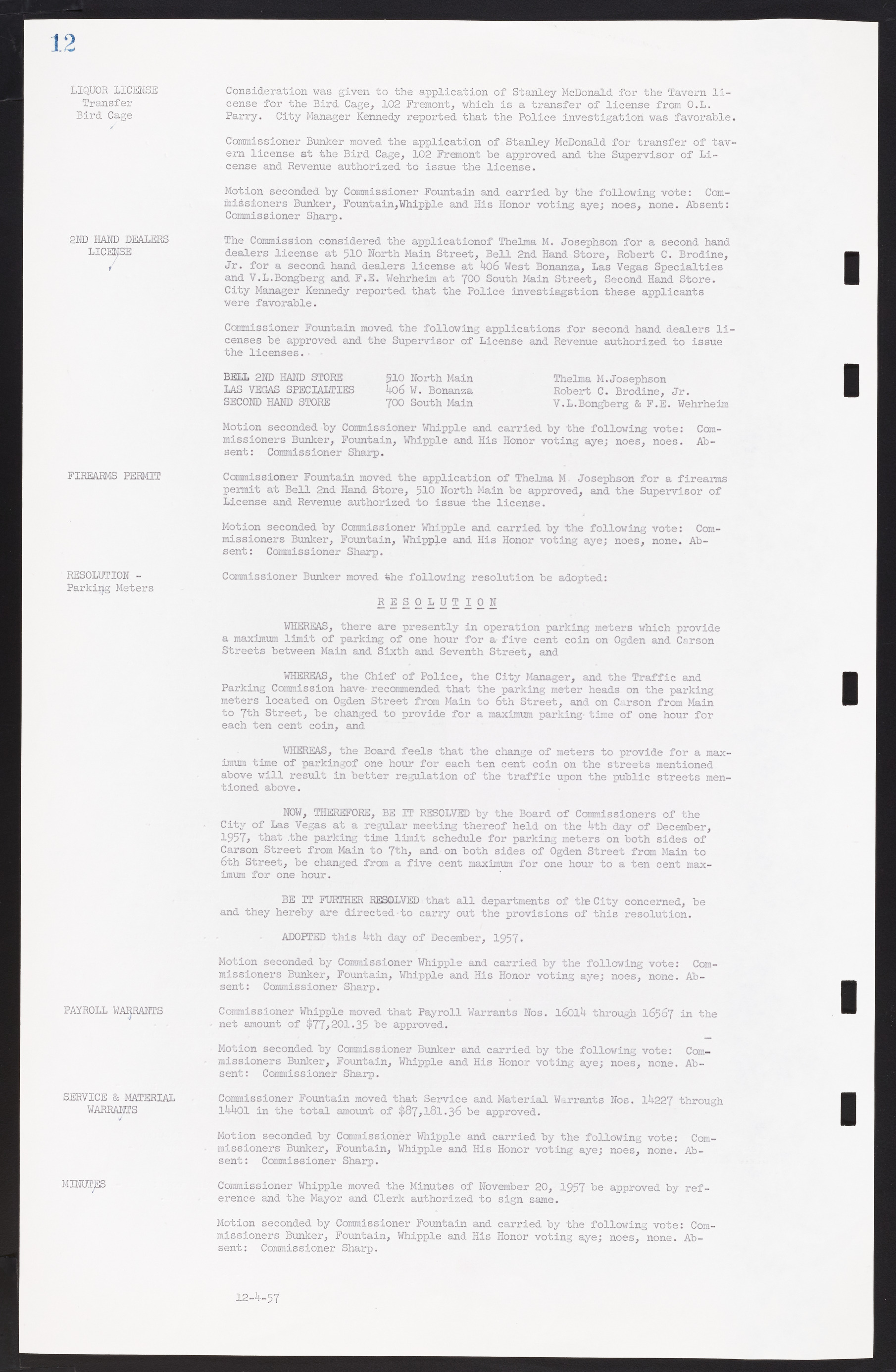 Las Vegas City Commission Minutes, November 20, 1957 to December 2, 1959, lvc000011-16