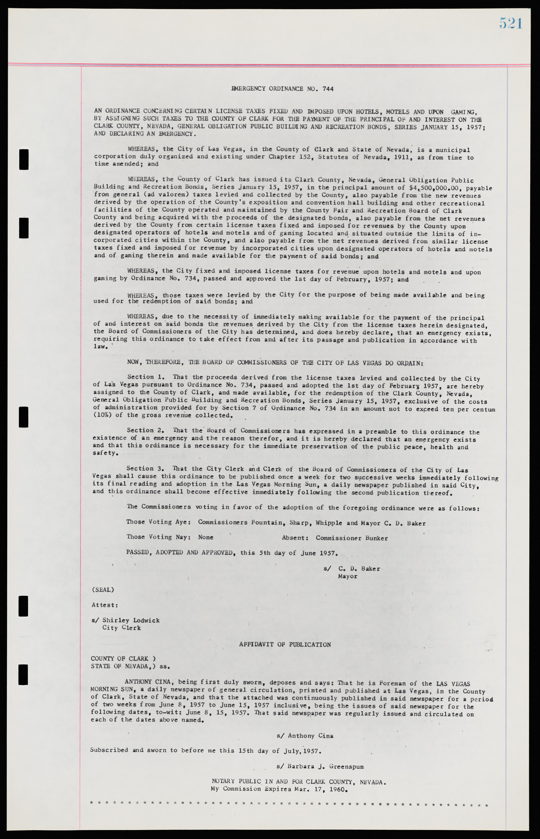 Las Vegas City Ordinances, November 13, 1950 to August 6, 1958, lvc000015-529