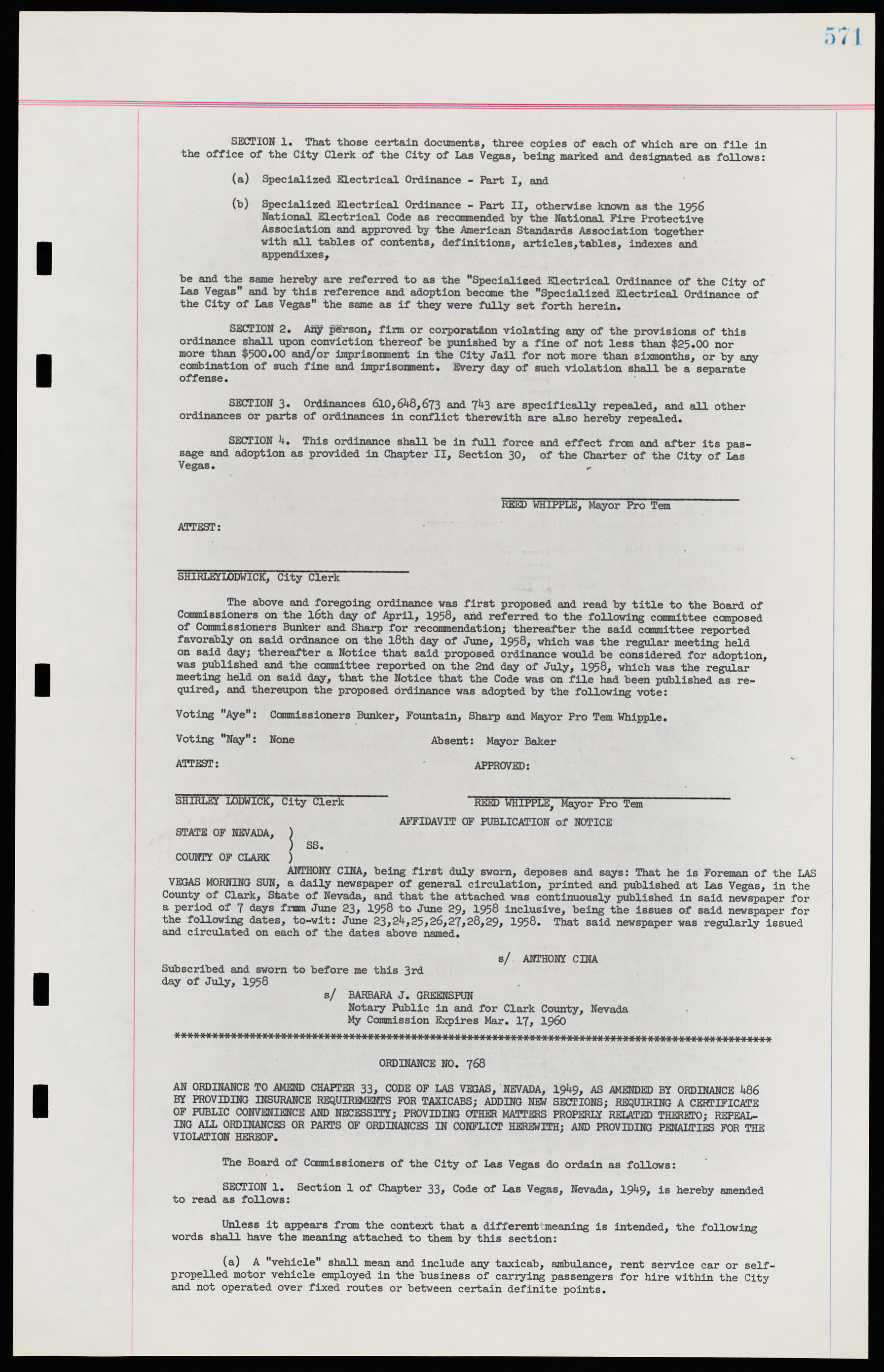 Las Vegas City Ordinances, November 13, 1950 to August 6, 1958, lvc000015-579