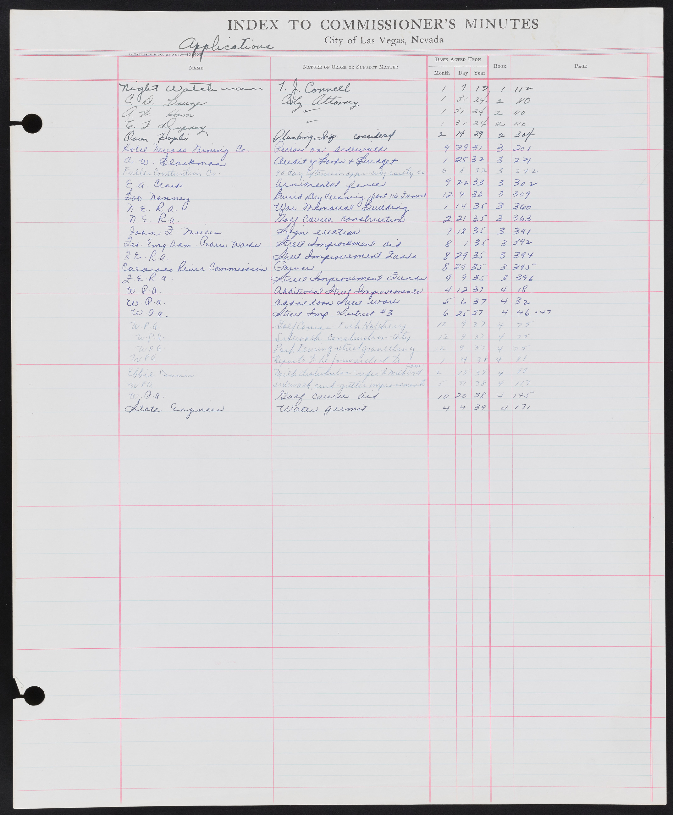 Las Vegas City Commission Minutes Index 1, 1911-1960: documents, item 007